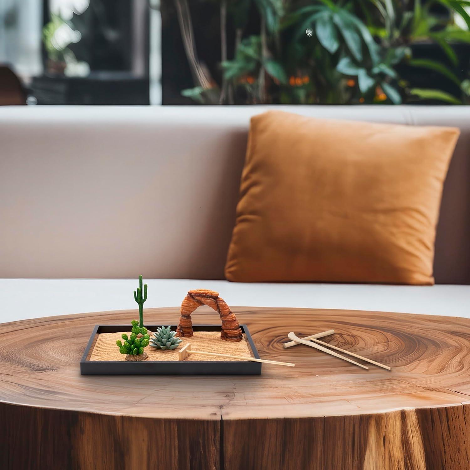 Desert Zen Garden Kit. Premium Home Cactus Decor. 11x8 Sand Tray. 4 Artificial Features, Brown Sand, 3 Handcrafted Wood Tools. Southwestern Desert Decor Zen Garden for Desk Therapy