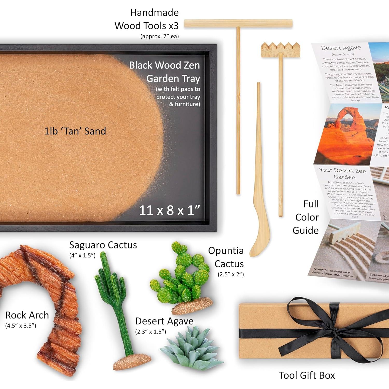 Desert Zen Garden Kit. Premium Home Cactus Decor. 11x8 Sand Tray. 4 Artificial Features, Brown Sand, 3 Handcrafted Wood Tools. Southwestern Desert Decor Zen Garden for Desk Therapy
