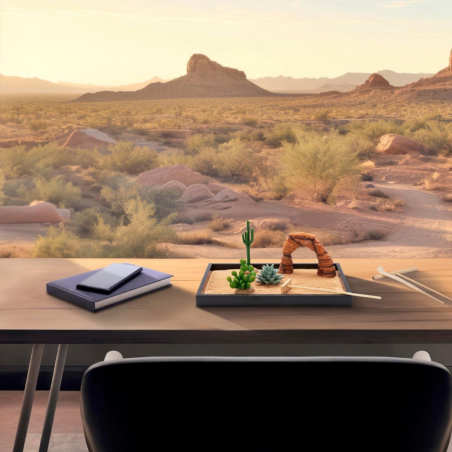 Desert Zen Garden Kit. Premium Home Cactus Decor. 11x8 Sand Tray. 4 Artificial Features, Brown Sand, 3 Handcrafted Wood Tools. Southwestern Desert Decor Zen Garden for Desk Therapy