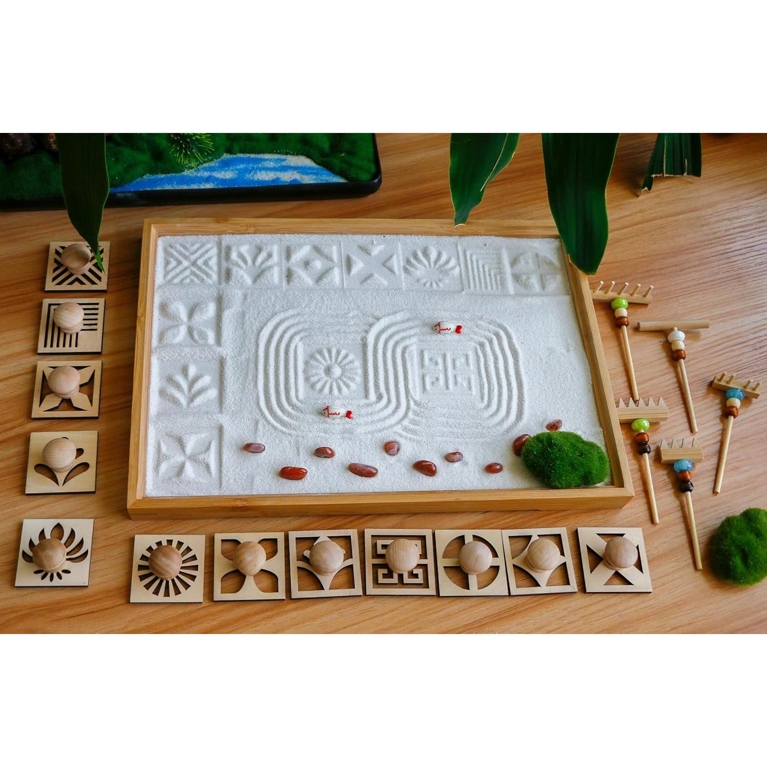 Mini Japanese Zen Garden Rake - Desktop Zen Garden Accessories Kit Set Stamp for Desk Sand Garden Decor for Home Office Meditation Relaxation Gifts