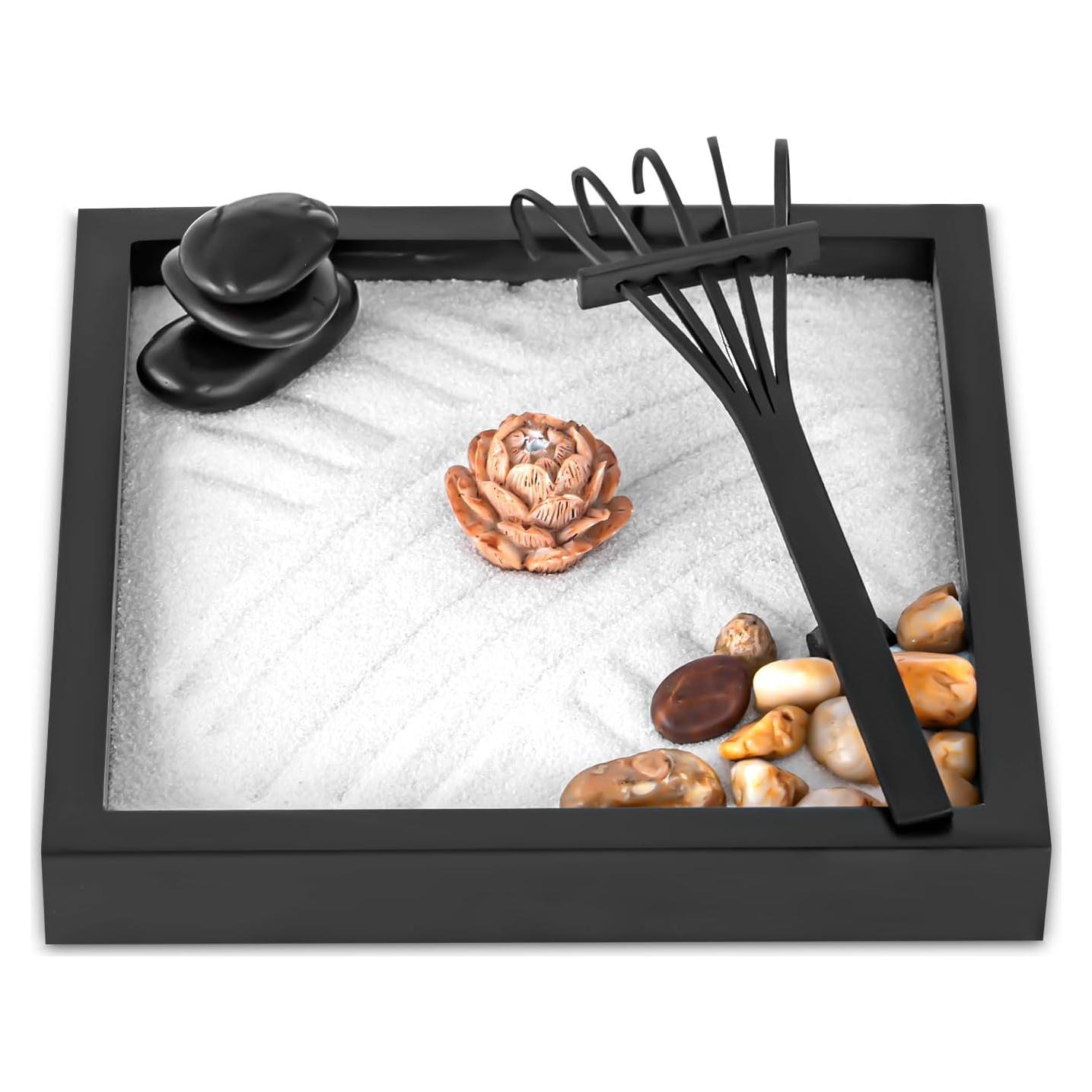 Mini Zen Garden Kit for Desk 6x6 inch with Wooden Lotus Flower, 3 Zen Stones, Pebbles, Home Office Desk Decorations (Wooden Lotus Flower)