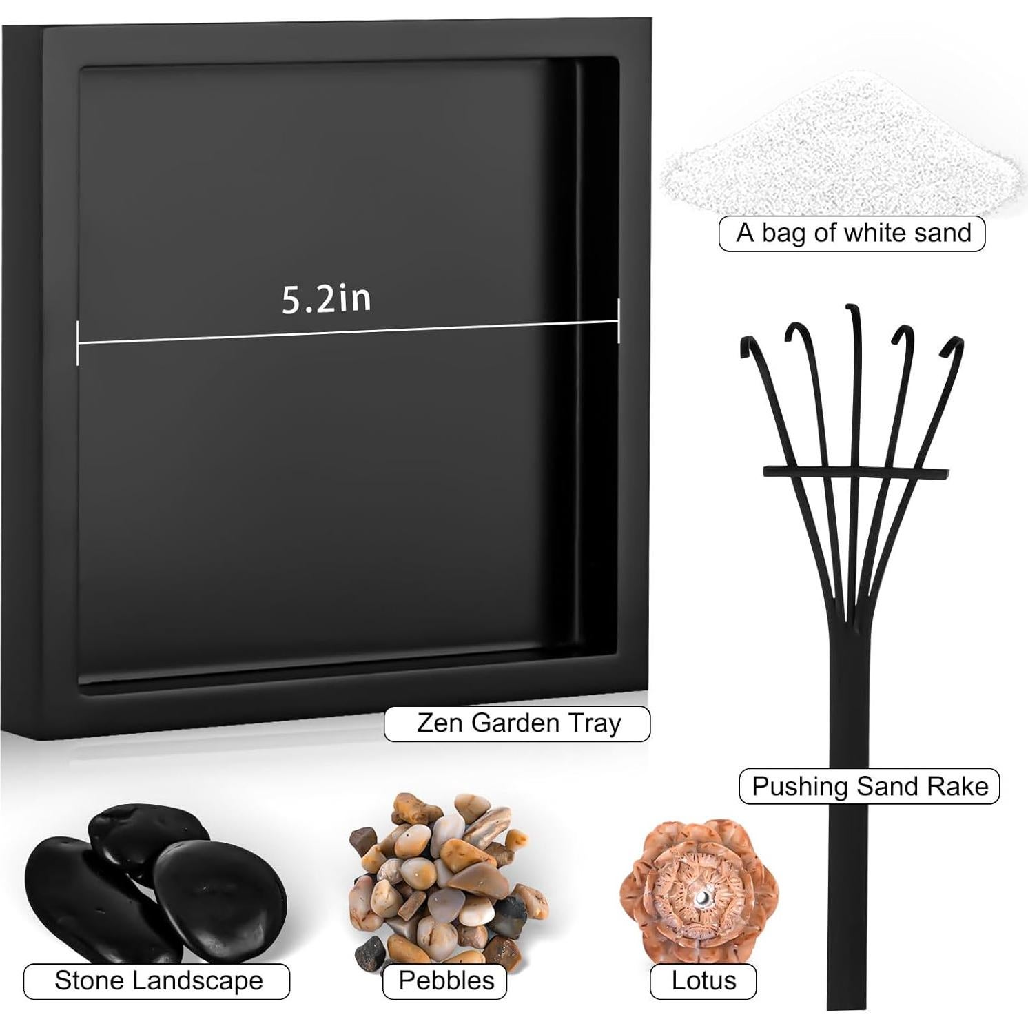 Mini Zen Garden Kit for Desk 6x6 inch with Wooden Lotus Flower, 3 Zen Stones, Pebbles, Home Office Desk Decorations (Wooden Lotus Flower)