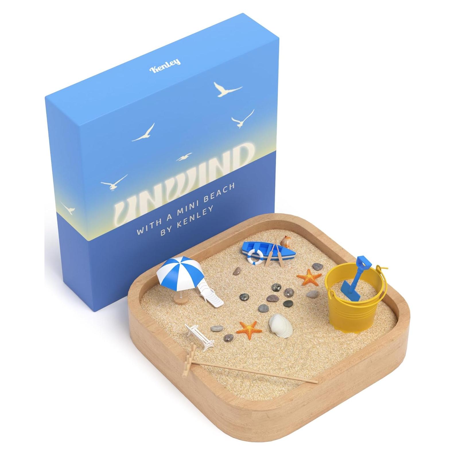 Mini Zen Garden - Beach Sandbox for Desk - Sand Tray Therapy Kit - Miniature Zen Garden Gift Set with Natural Sand, Rakes, Rocks and Accessories