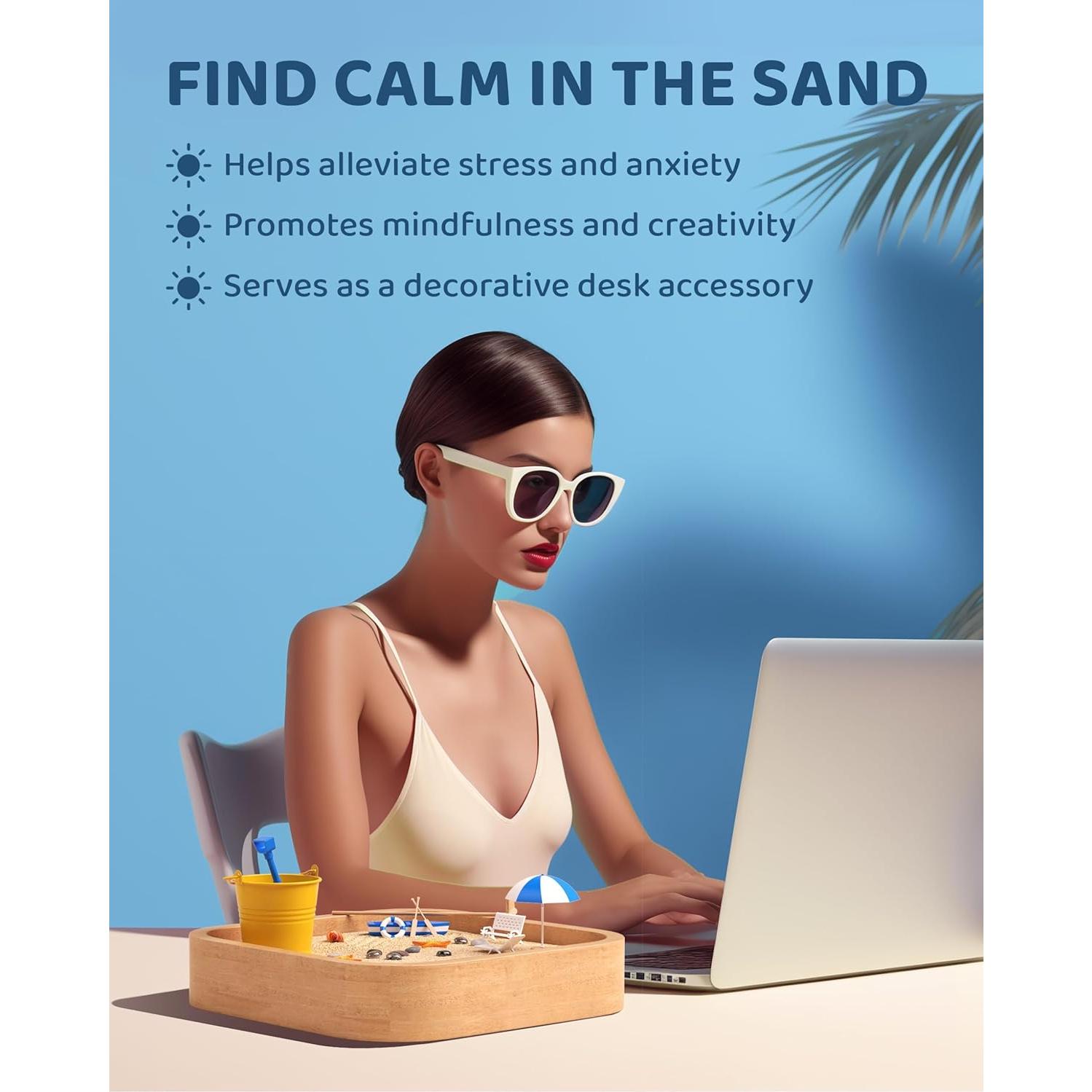 Mini Zen Garden - Beach Sandbox for Desk - Sand Tray Therapy Kit - Miniature Zen Garden Gift Set with Natural Sand, Rakes, Rocks and Accessories