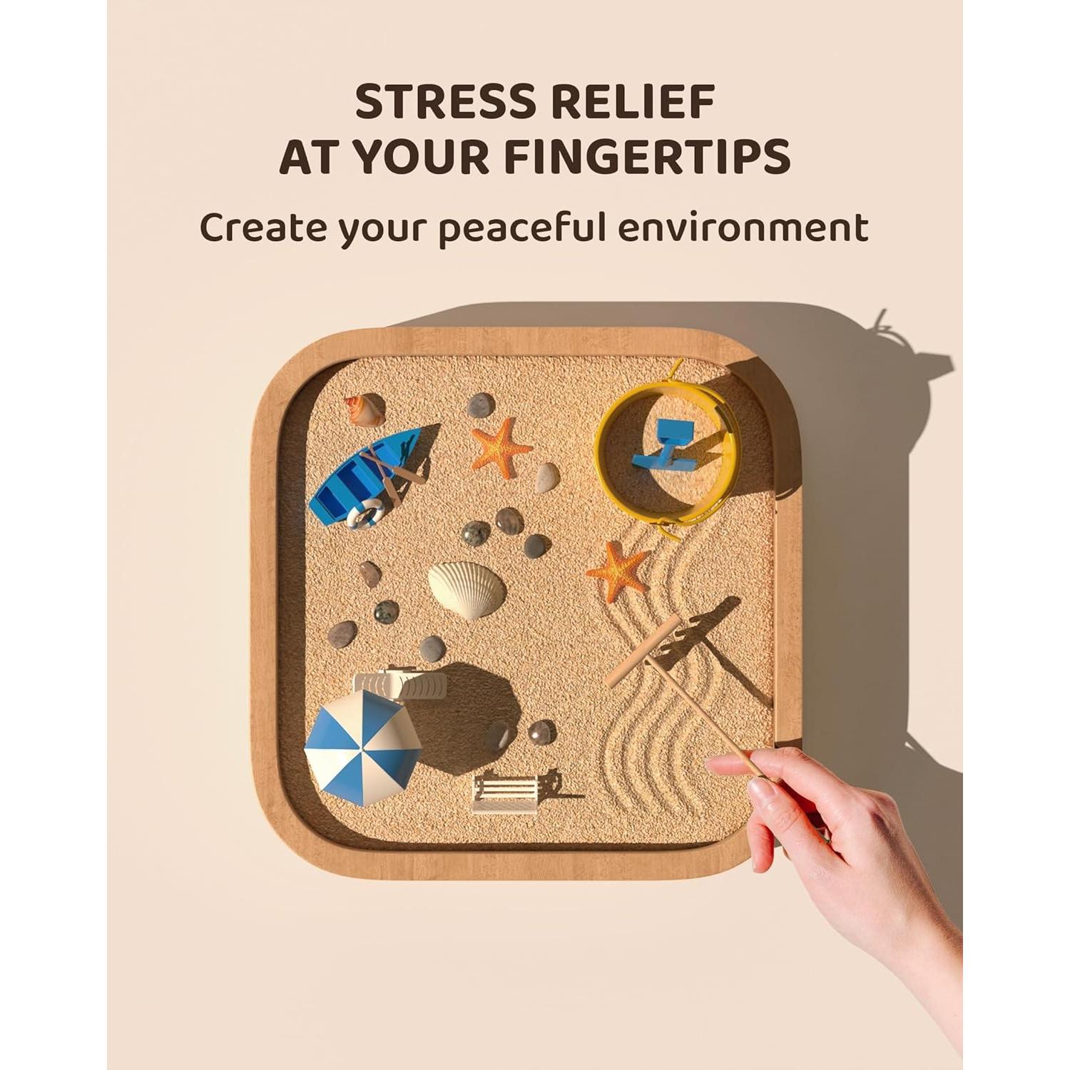 Mini Zen Garden - Beach Sandbox for Desk - Sand Tray Therapy Kit - Miniature Zen Garden Gift Set with Natural Sand, Rakes, Rocks and Accessories