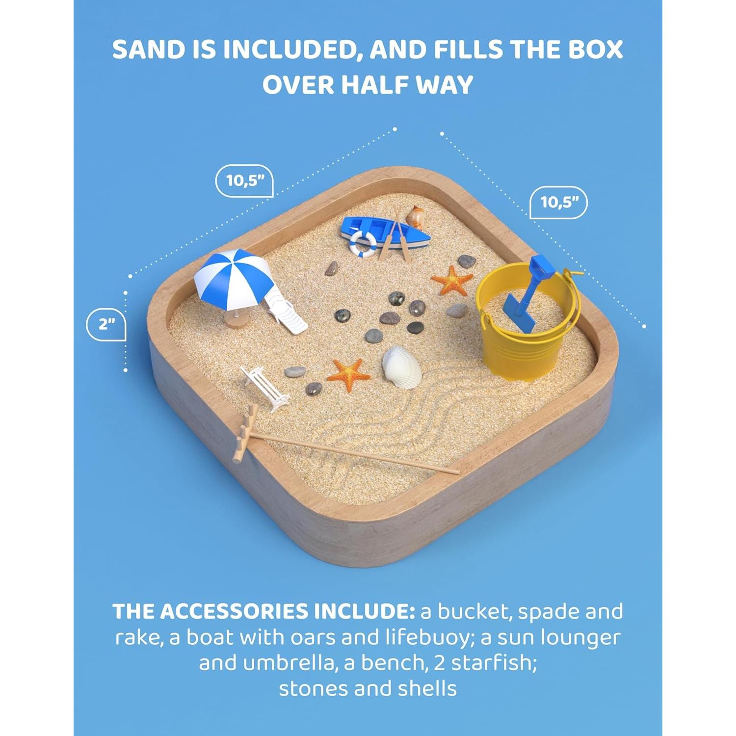 Mini Zen Garden - Beach Sandbox for Desk - Sand Tray Therapy Kit - Miniature Zen Garden Gift Set with Natural Sand, Rakes, Rocks and Accessories