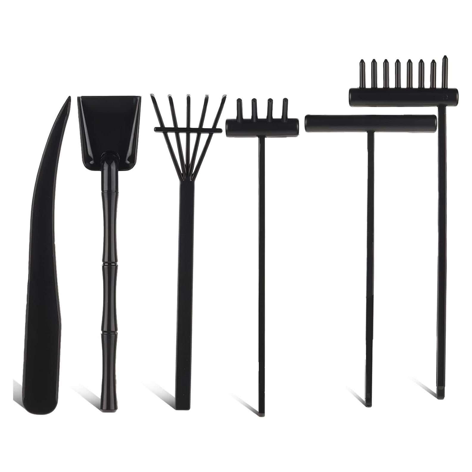6Pcs Mini Zen Garden Kit - Desktop Sandbox With Black Rake Tools, Meditation Sand, Rock Push Drawing Pen Toy, and Accessories
