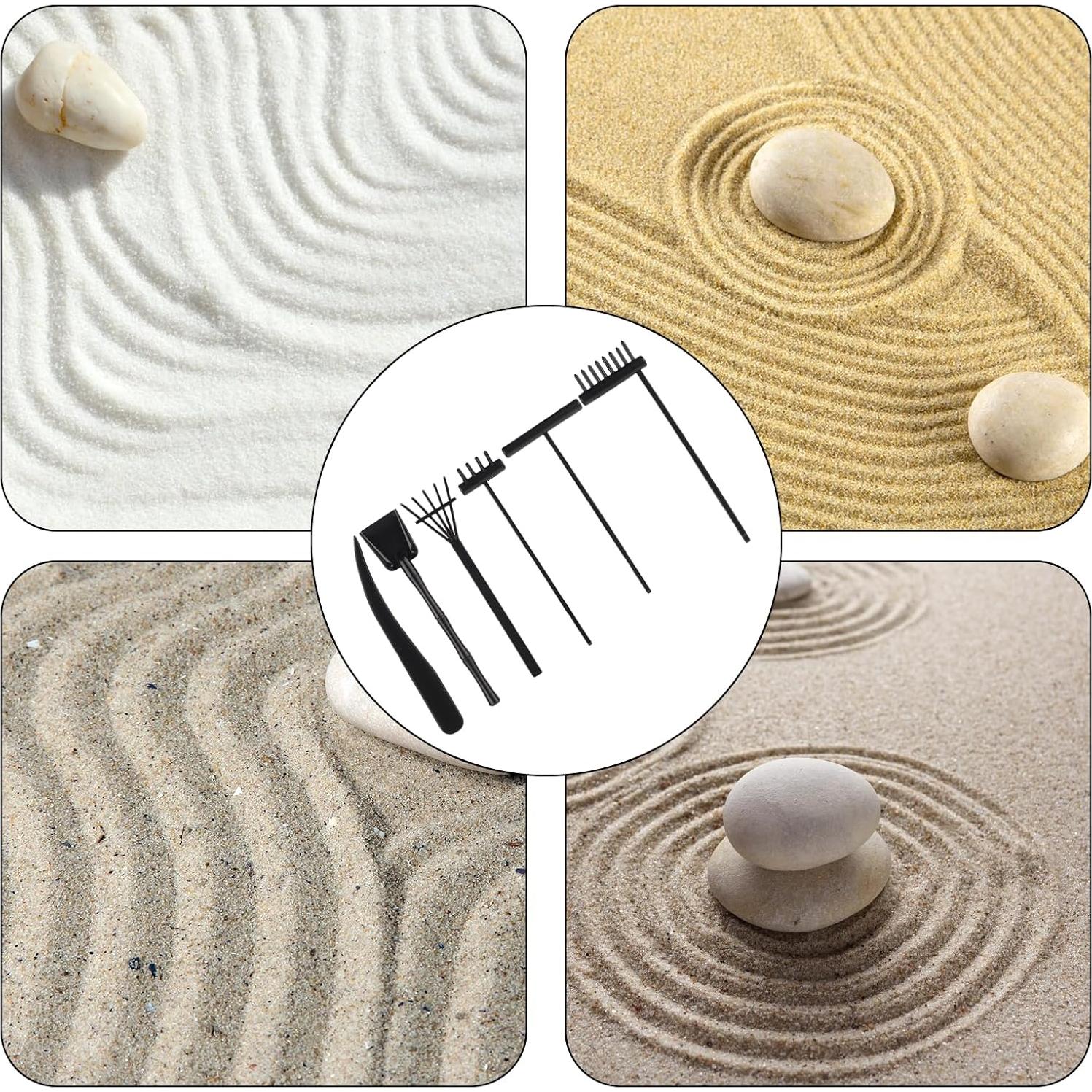 6Pcs Mini Zen Garden Kit - Desktop Sandbox With Black Rake Tools, Meditation Sand, Rock Push Drawing Pen Toy, and Accessories
