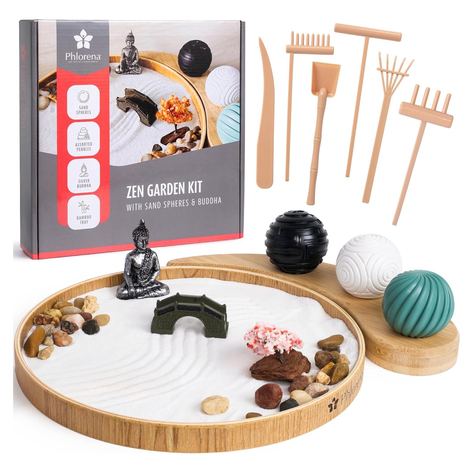 Zen Garden for Desk – Mini Zen Garden Kit for Calming Stress & Relaxing - Japanese Sand Box with Tray, Buddha, Tree, Sand, Rakes, Pebbles & Balls – Sensory Relaxation Gift for Home & Office Decor