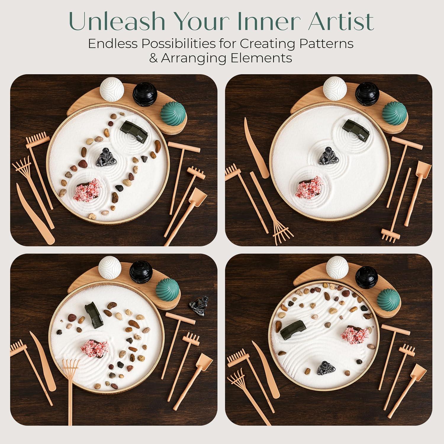 Zen Garden for Desk – Mini Zen Garden Kit for Calming Stress & Relaxing - Japanese Sand Box with Tray, Buddha, Tree, Sand, Rakes, Pebbles & Balls – Sensory Relaxation Gift for Home & Office Decor