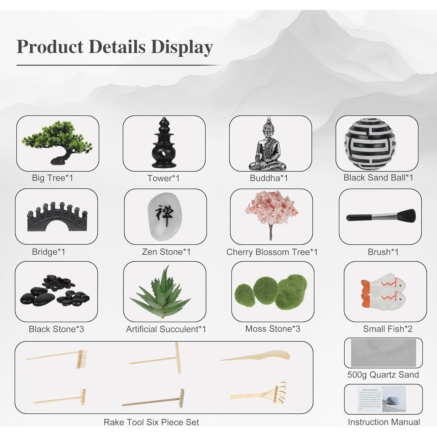 Kit de Jardín Zen de Escritorio DiDiBirDi - 32x20 cm con Arena y 19 Accesorios