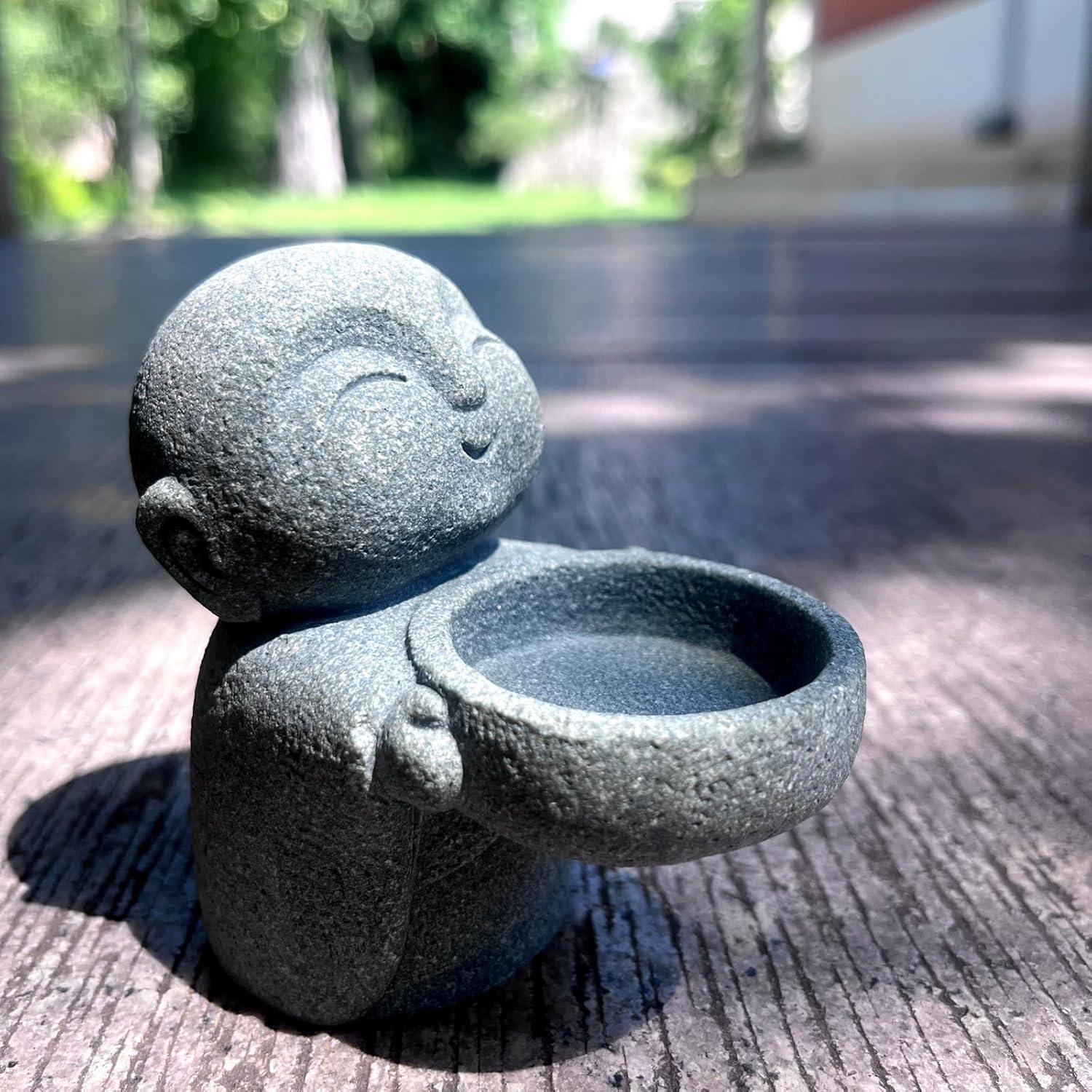 Estatua de Buda Jizo Monje de Arenisca Gris 9x8.8x5.5cm