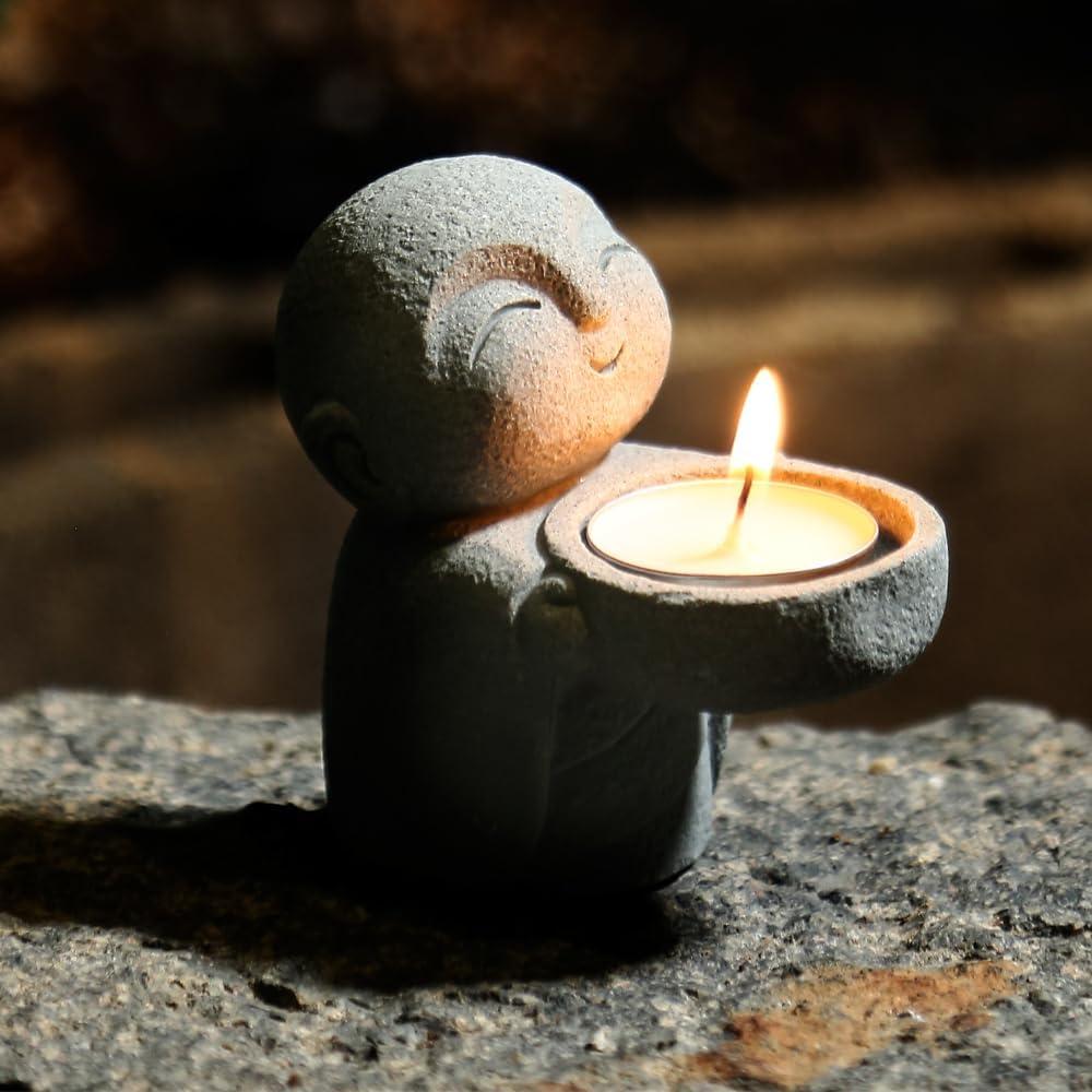 Estatua de Buda Jizo Monje de Arenisca Gris 9x8.8x5.5cm