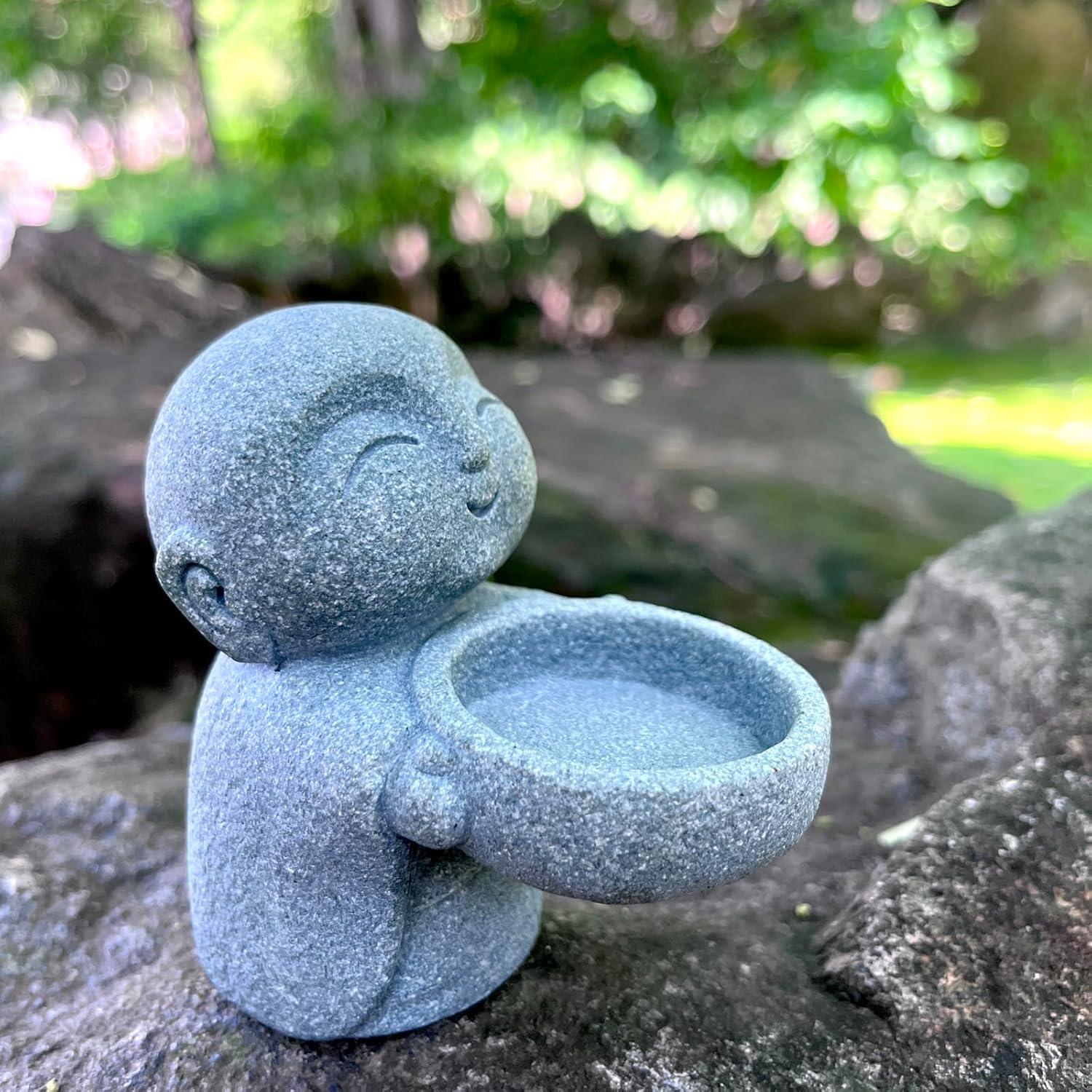 Estatua de Buda Jizo Monje de Arenisca Gris 9x8.8x5.5cm