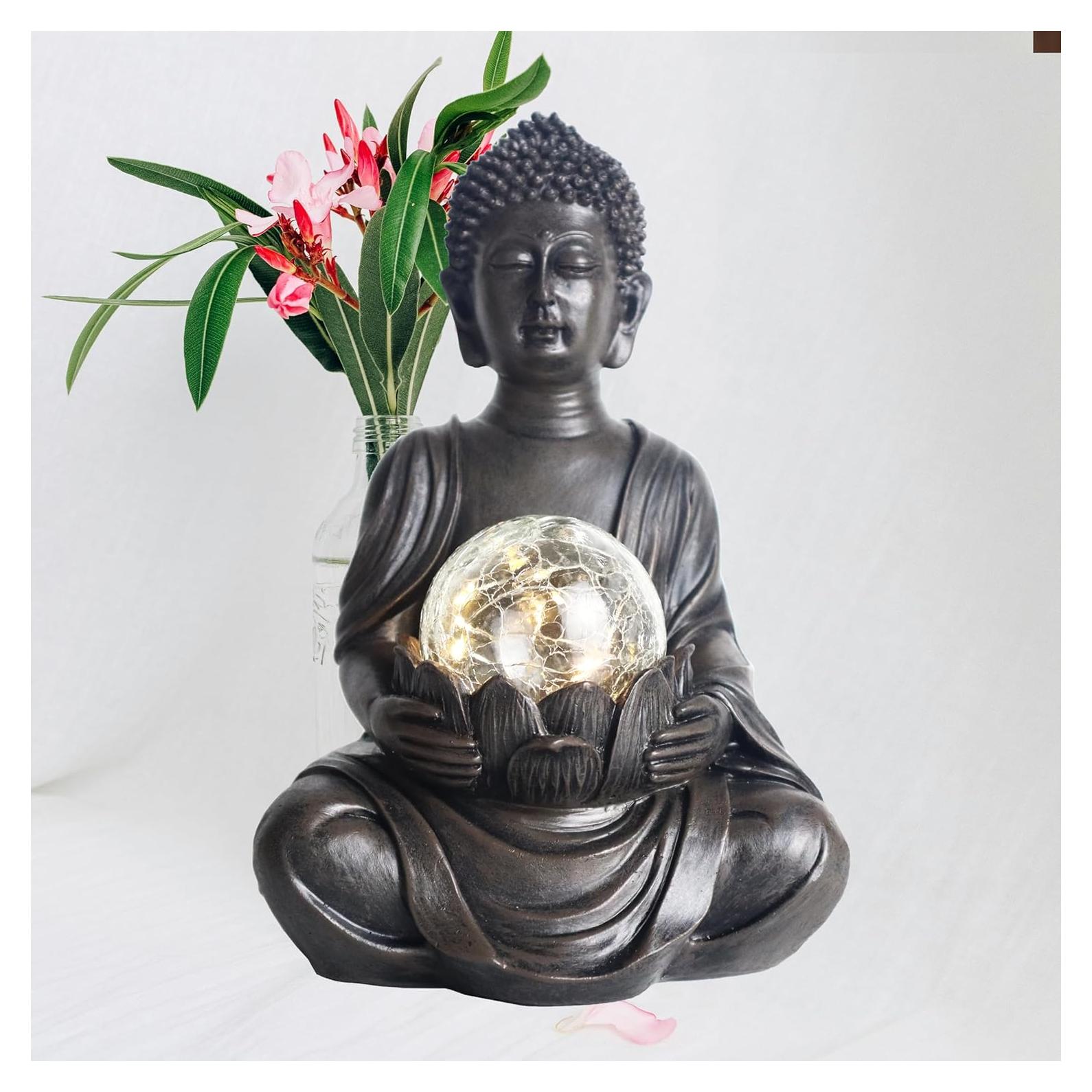 Estatua de Buda Solar Tolatr 22.6 cm Resina Gris Jardín