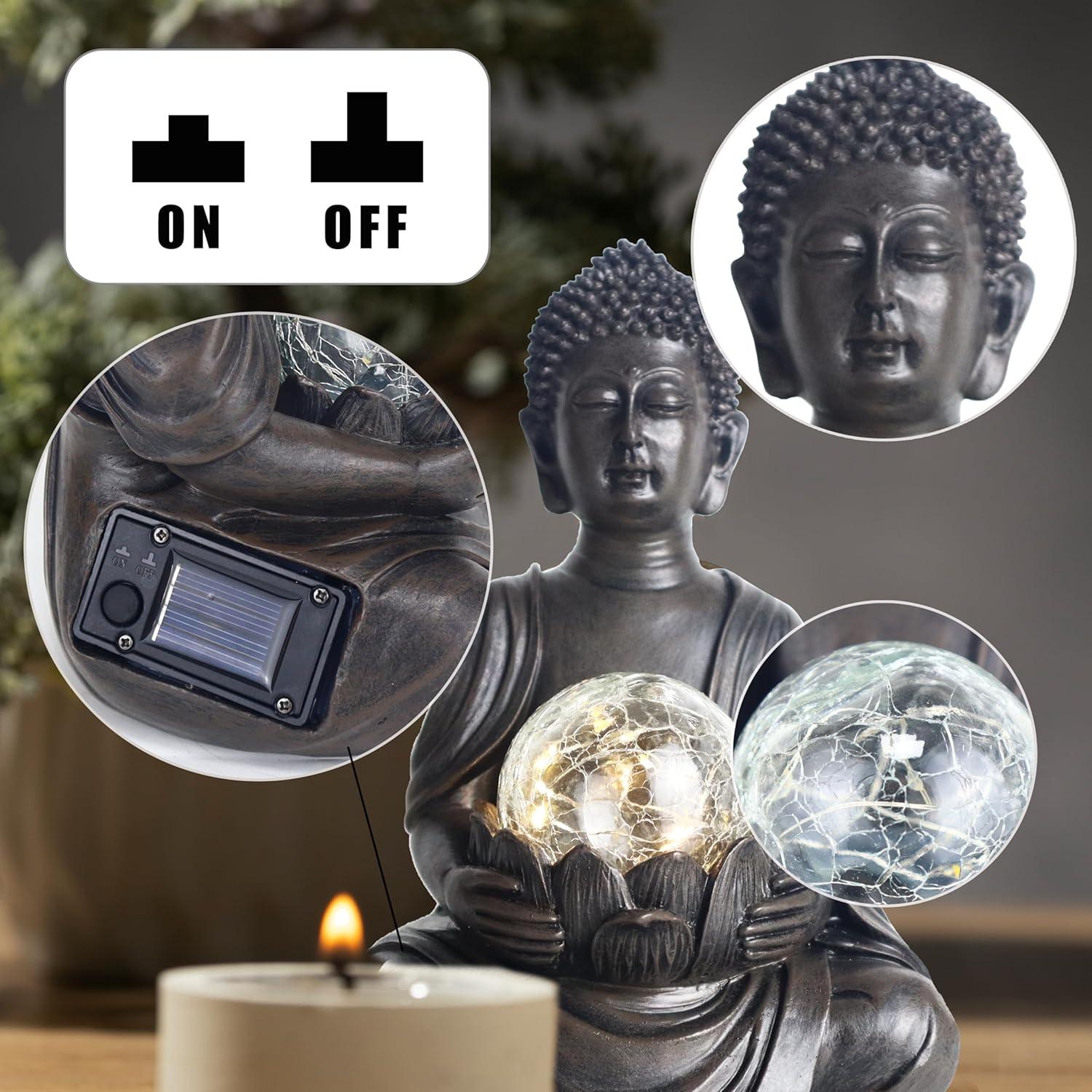 Estatua de Buda Solar Tolatr 22.6 cm Resina Gris Jardín