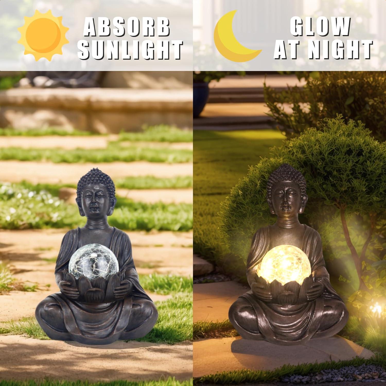 Estatua de Buda Solar Tolatr 22.6 cm Resina Gris Jardín