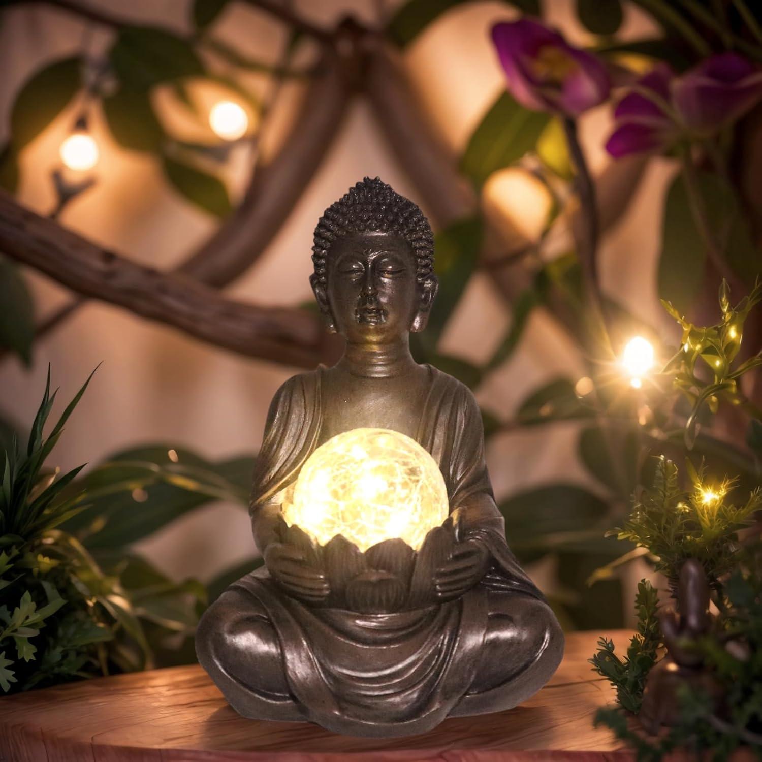 Estatua de Buda Solar Tolatr 22.6 cm Resina Gris Jardín