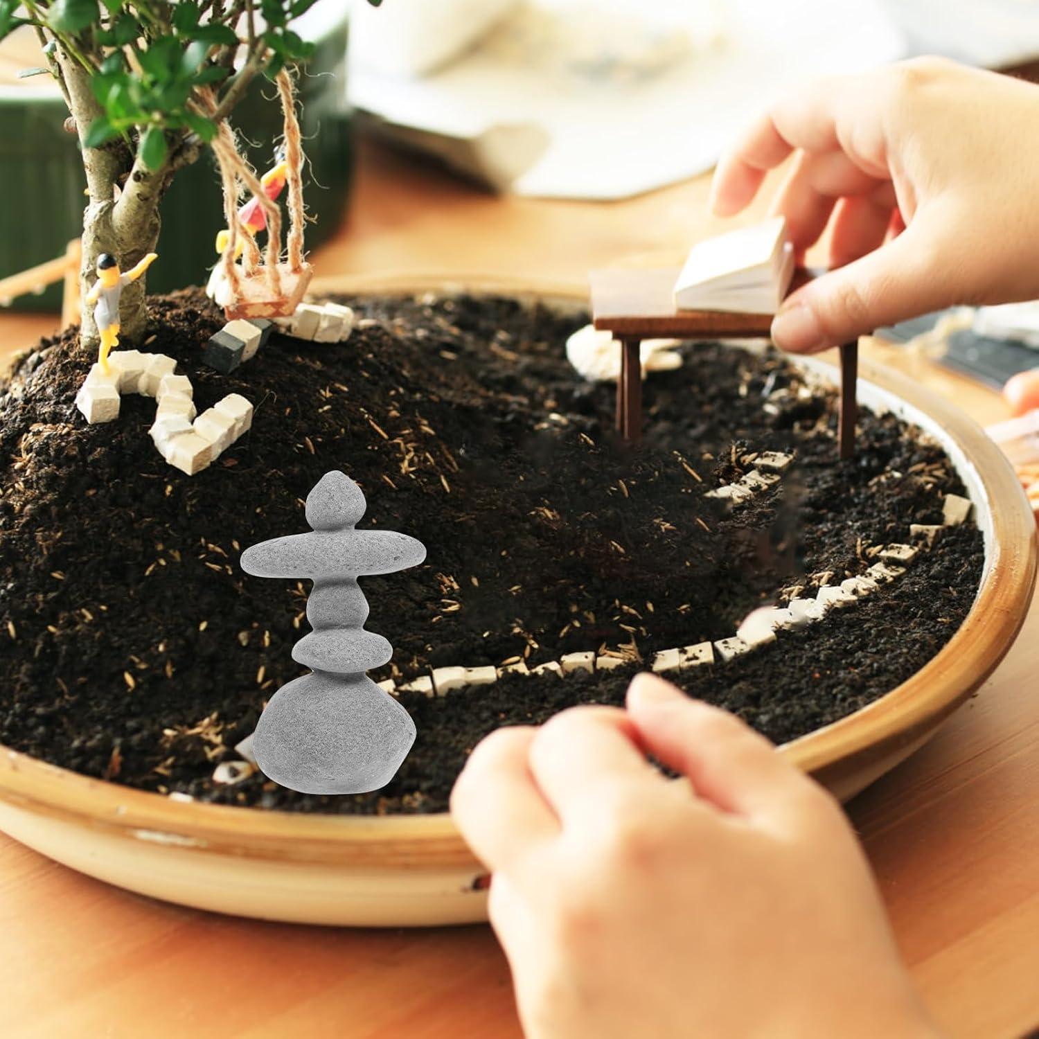 Zen Garden Stacking Stone Rock Ornament – Resin Grey Cairn for Micro Landscape, Aquarium, Home Decor, and Gifts, 3.38x1.96x1.37 Inch