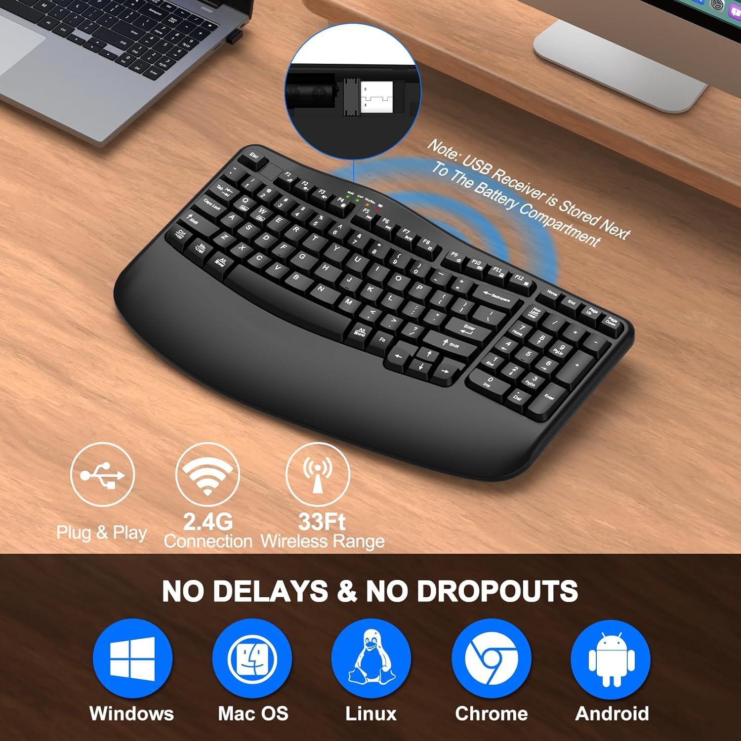 Teclado Inalámbrico Ergonómico EDJO K299 con Reposamuñecas