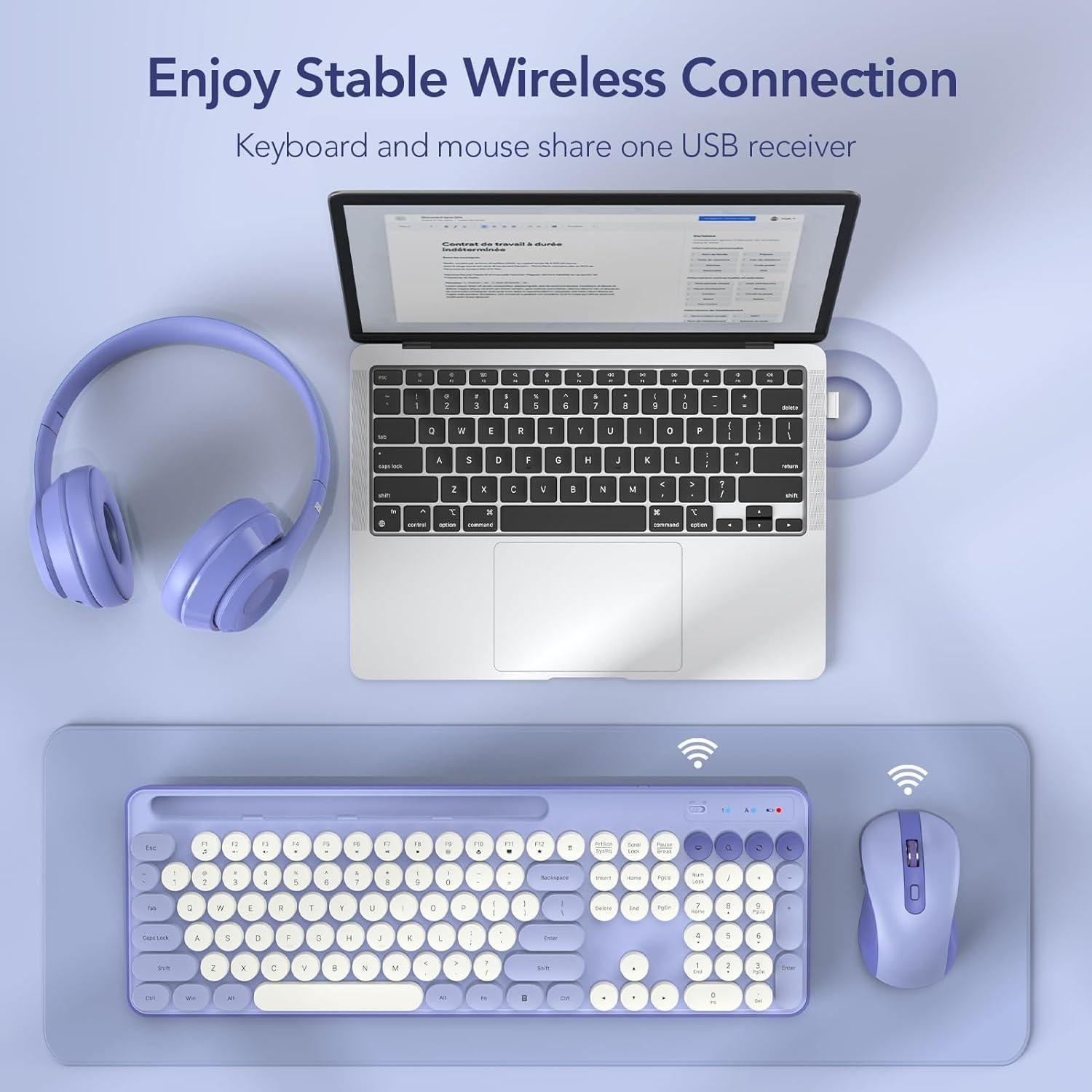 Combo Teclado y Ratón Inalámbricos SABLUTE Retro Púrpura