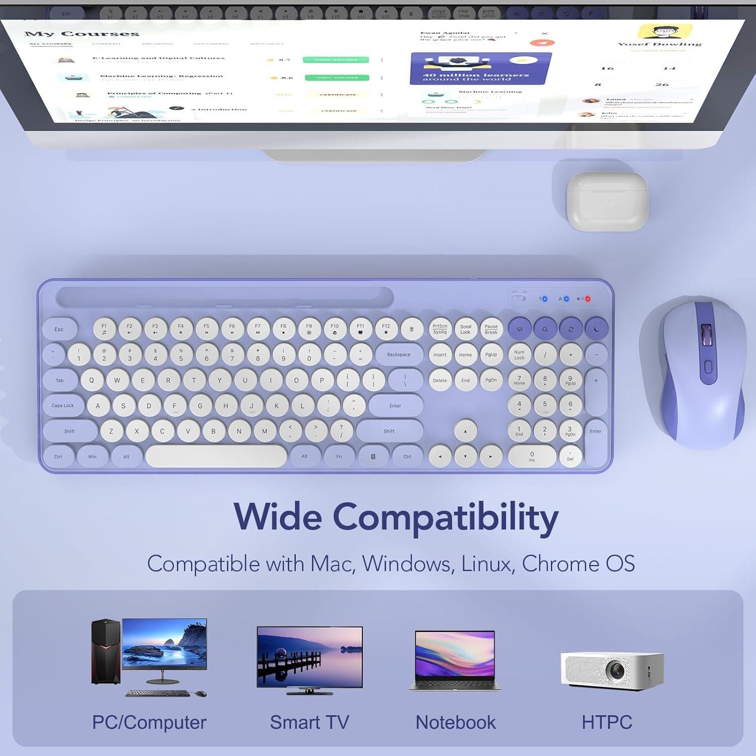 Combo Teclado y Ratón Inalámbricos SABLUTE Retro Púrpura