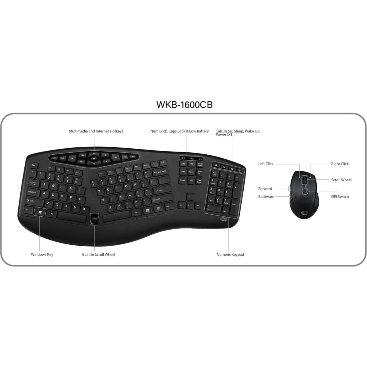 Combo Teclado Ergonómico Inalámbrico y Ratón Óptico Adesso TruForm