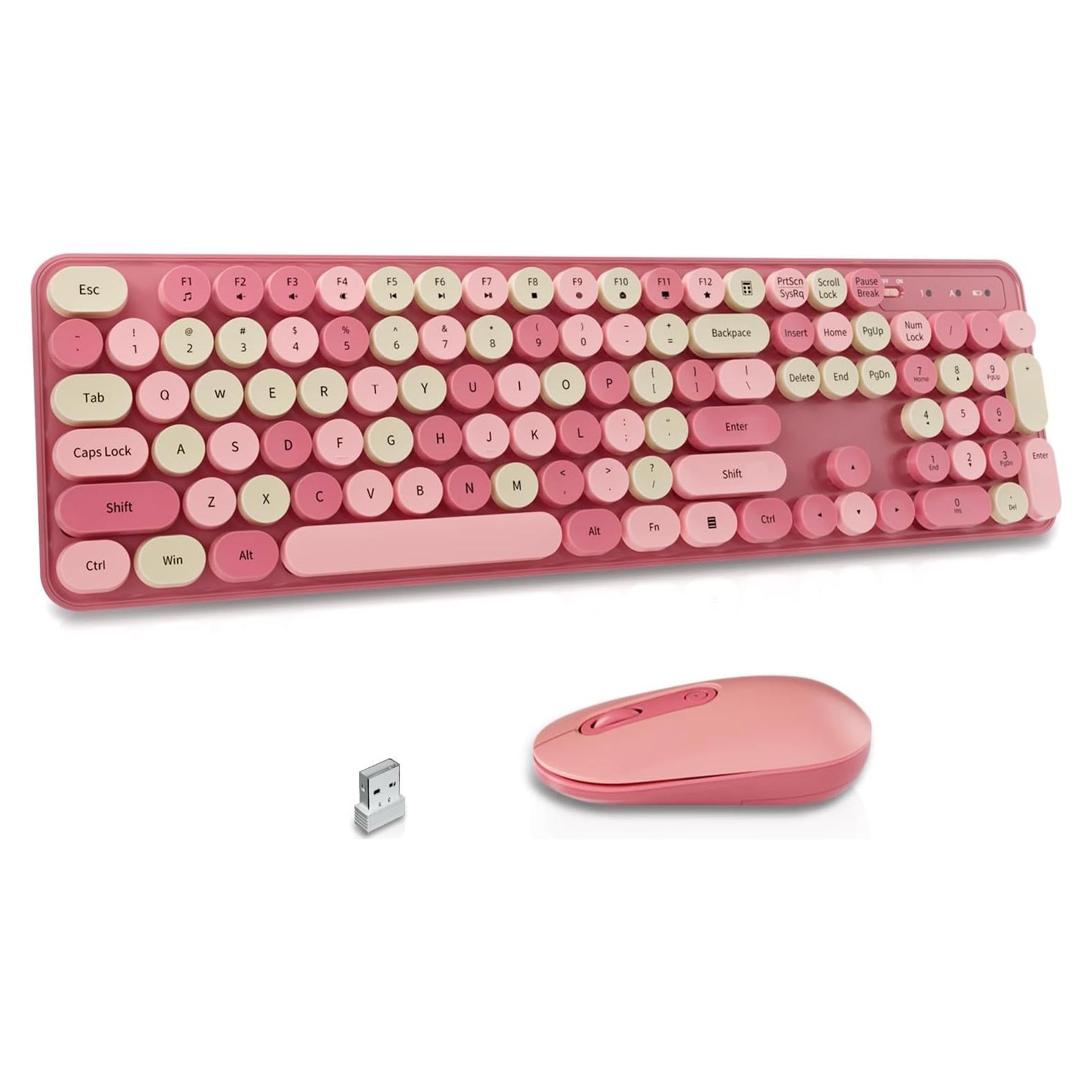Combo Teclado y Ratón Inalámbrico LIZRROT Rosa Retro Silencioso