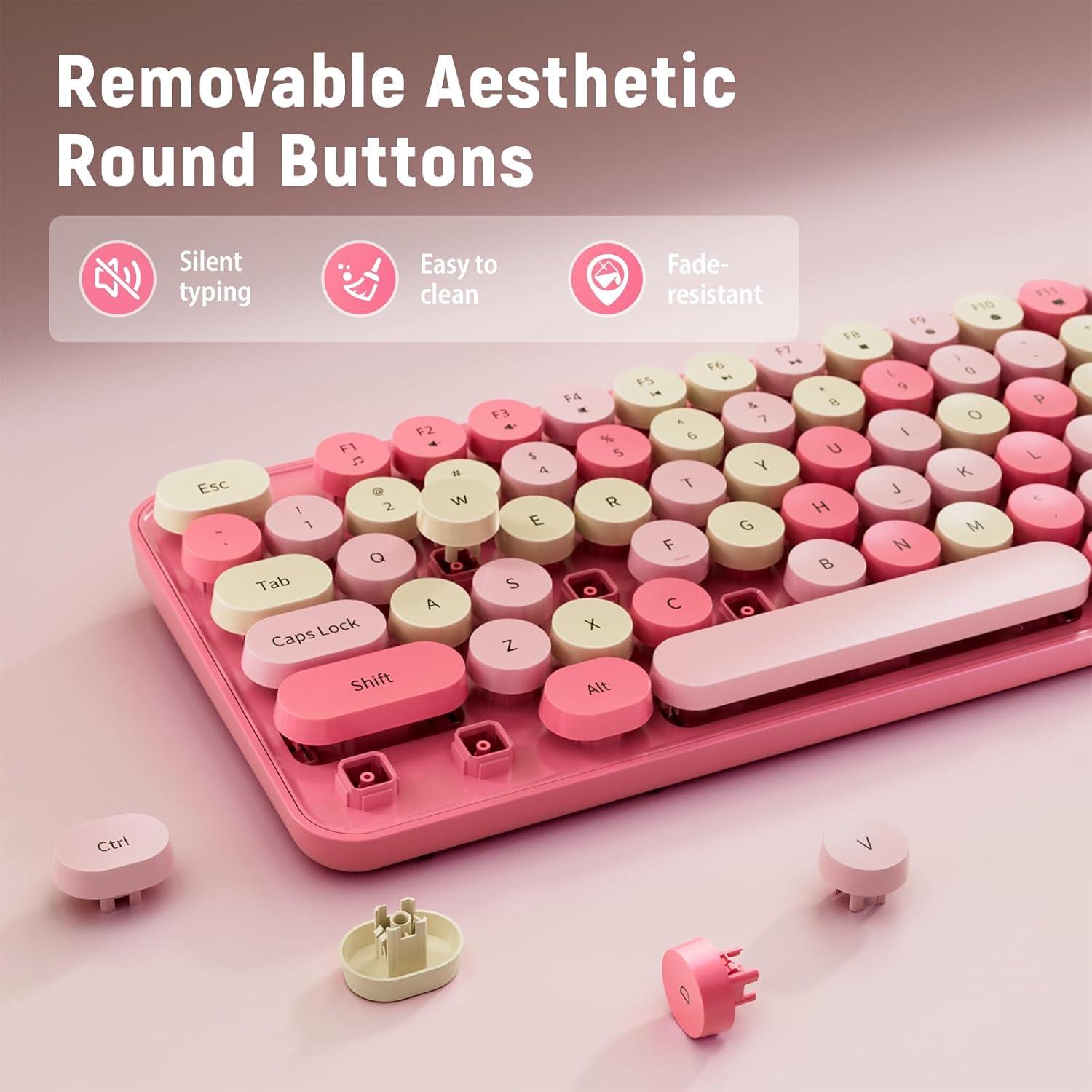 Combo Teclado y Ratón Inalámbrico LIZRROT Rosa Retro Silencioso