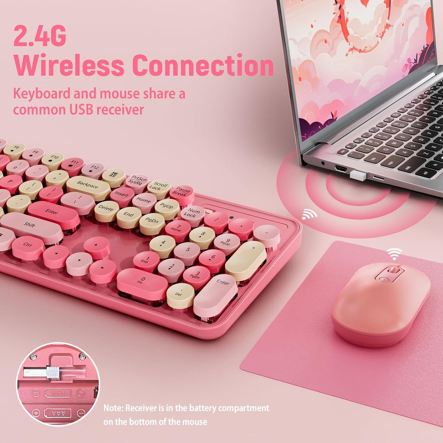 Combo Teclado y Ratón Inalámbrico LIZRROT Rosa Retro Silencioso
