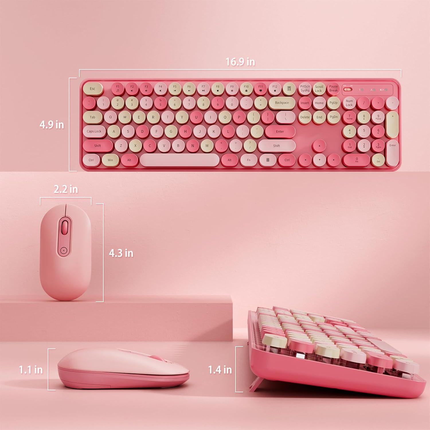 Combo Teclado y Ratón Inalámbrico LIZRROT Rosa Retro Silencioso