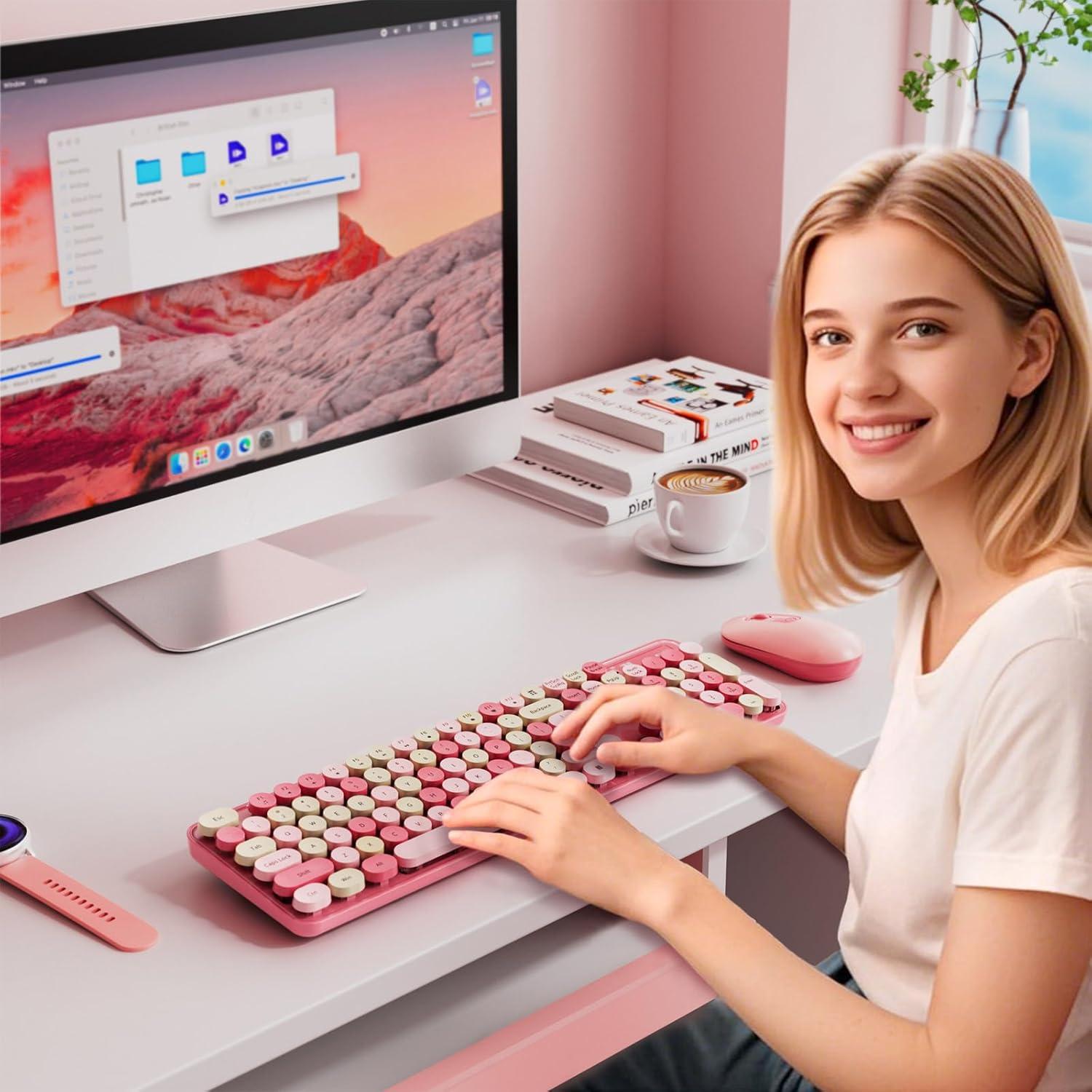 Combo Teclado y Ratón Inalámbrico LIZRROT Rosa Retro Silencioso