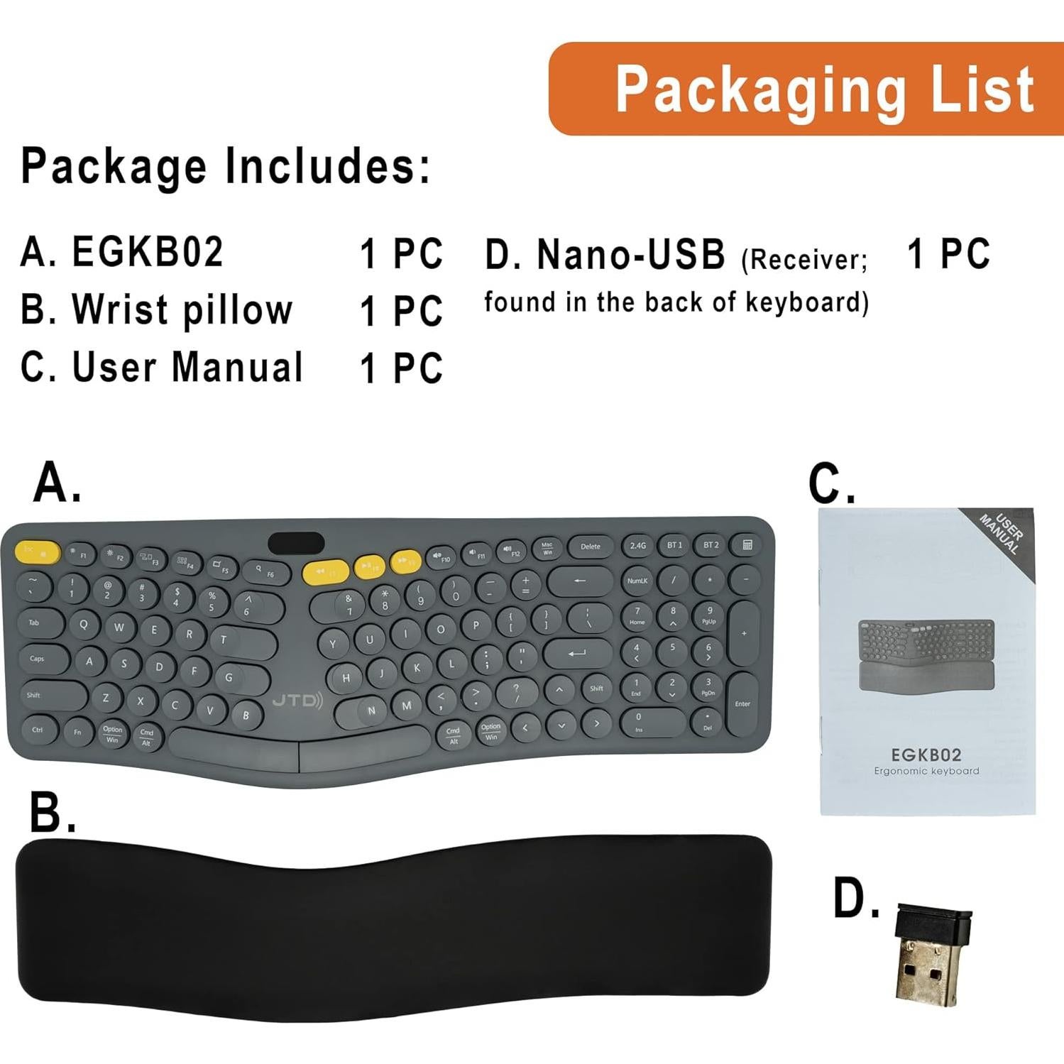 Teclado Ergonómico Inalámbrico J-Tech Digital EGKB02 con Pantalla