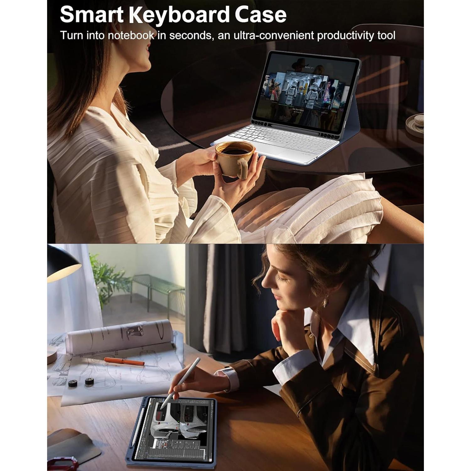 Funda de Teclado Inalámbrico AMOUOGOEY para Galaxy Tab S10+/S9FE+ 12.4"