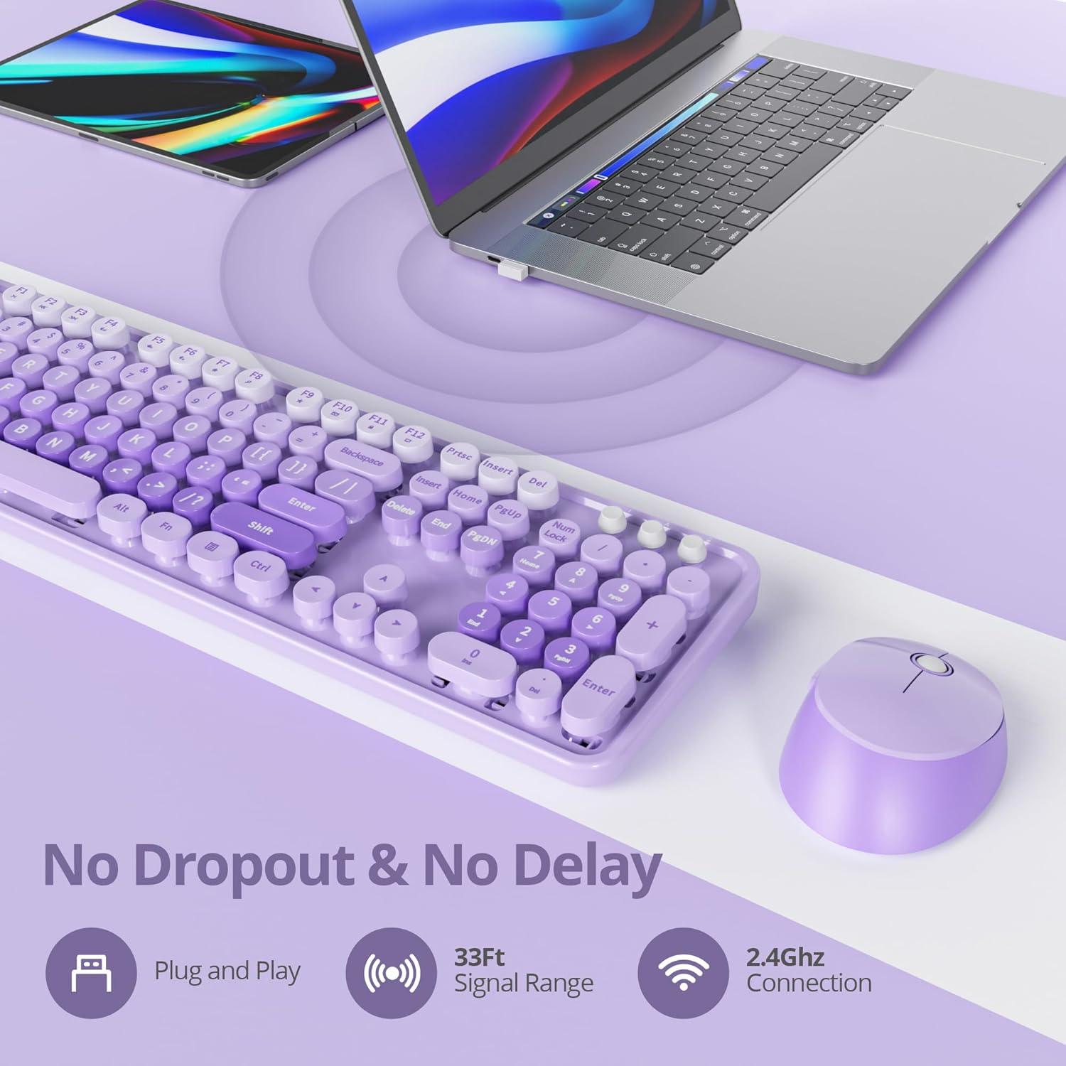 Combo Teclado y Ratón Inalámbrico Ussixchare Morado Retro