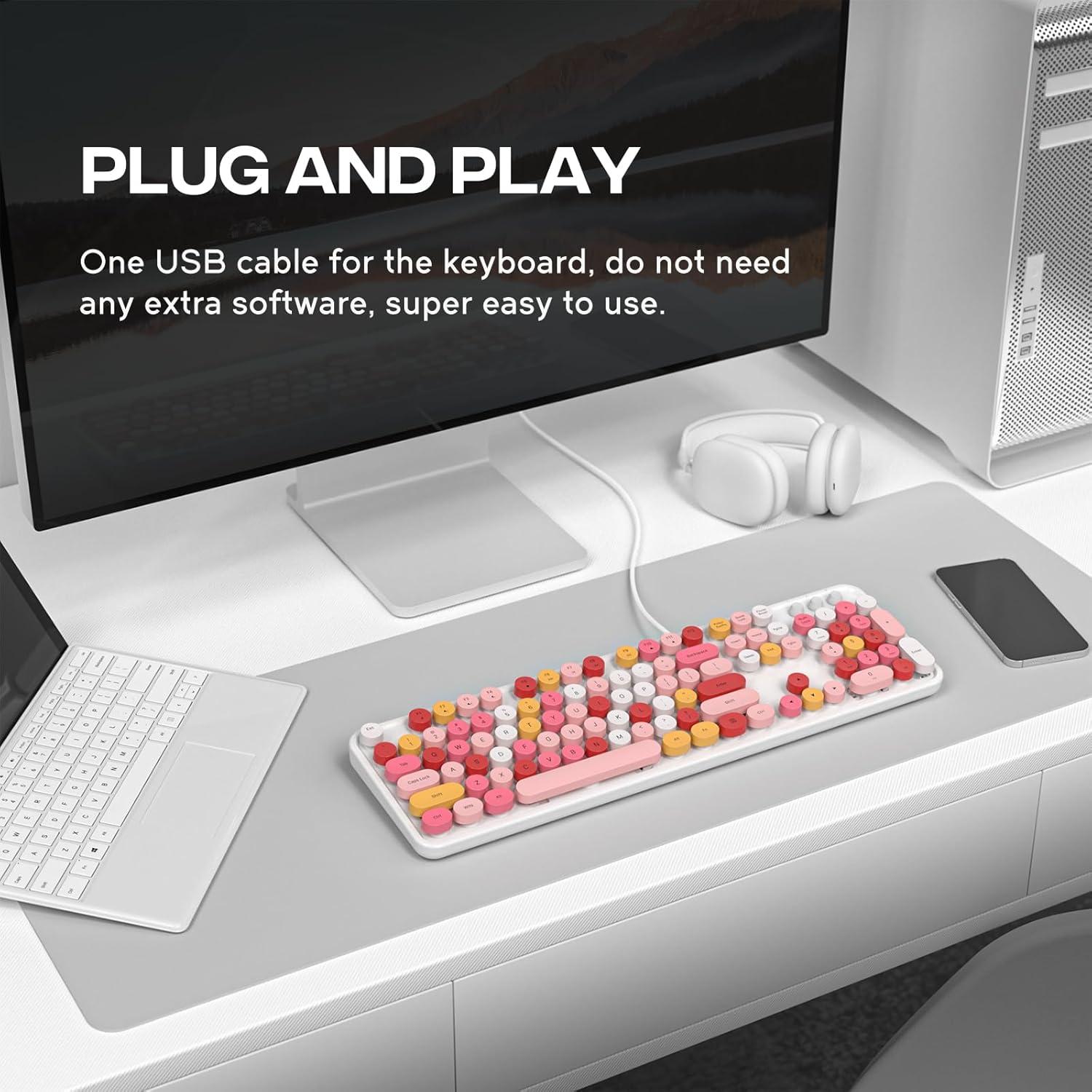 Teclado USB con Cable Meidosa Retro Blanco Colorido 104 Teclas