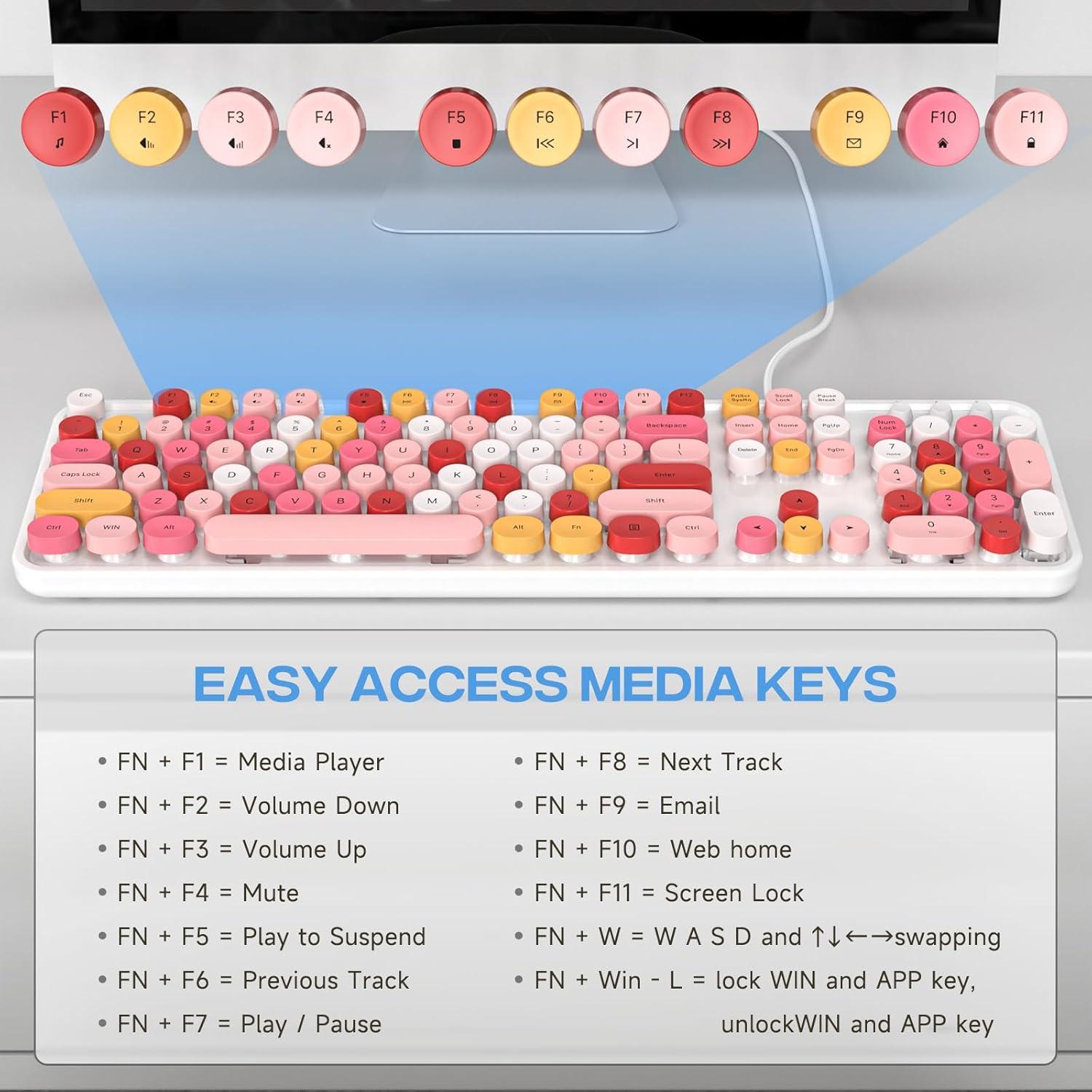 Teclado USB con Cable Meidosa Retro Blanco Colorido 104 Teclas