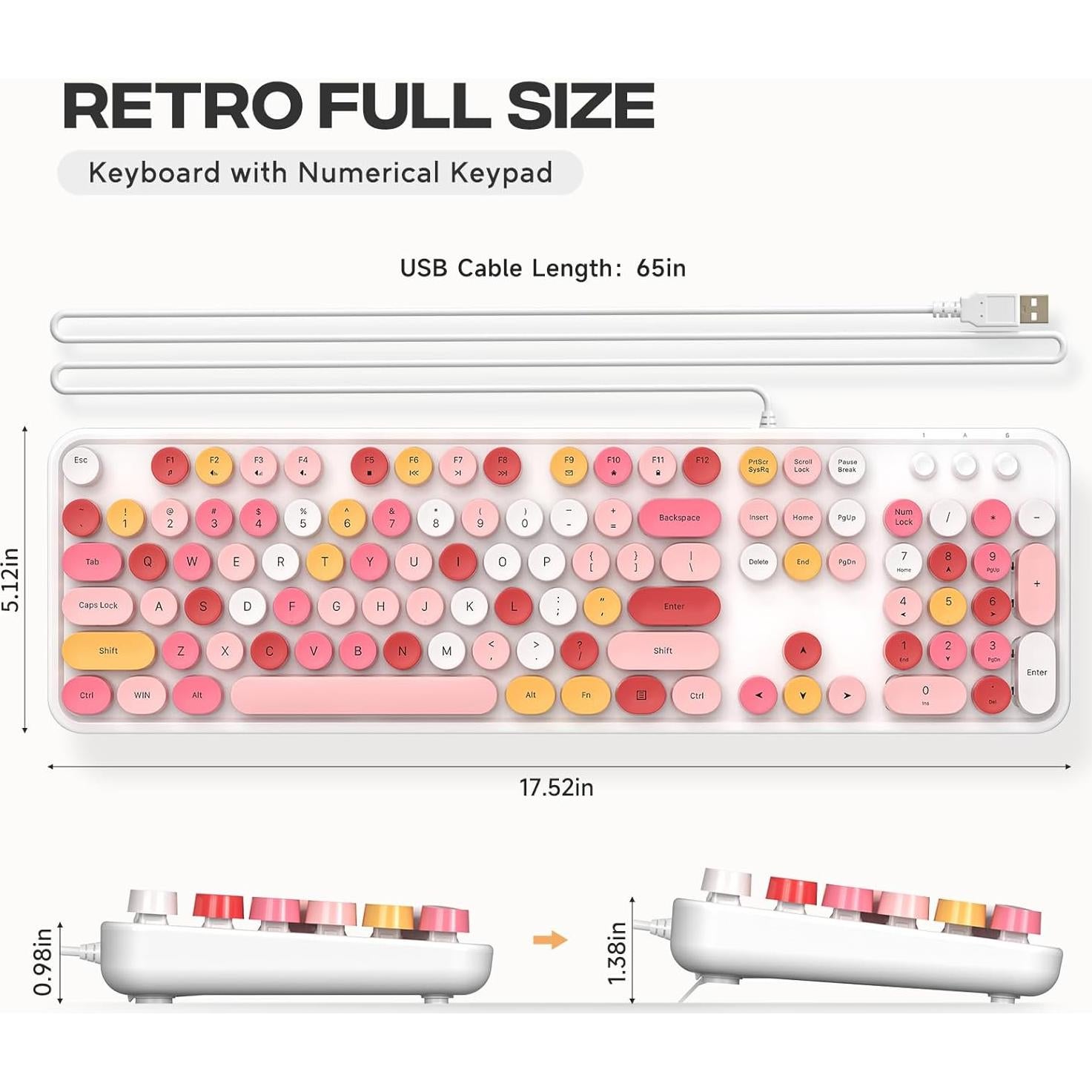 Teclado USB con Cable Meidosa Retro Blanco Colorido 104 Teclas