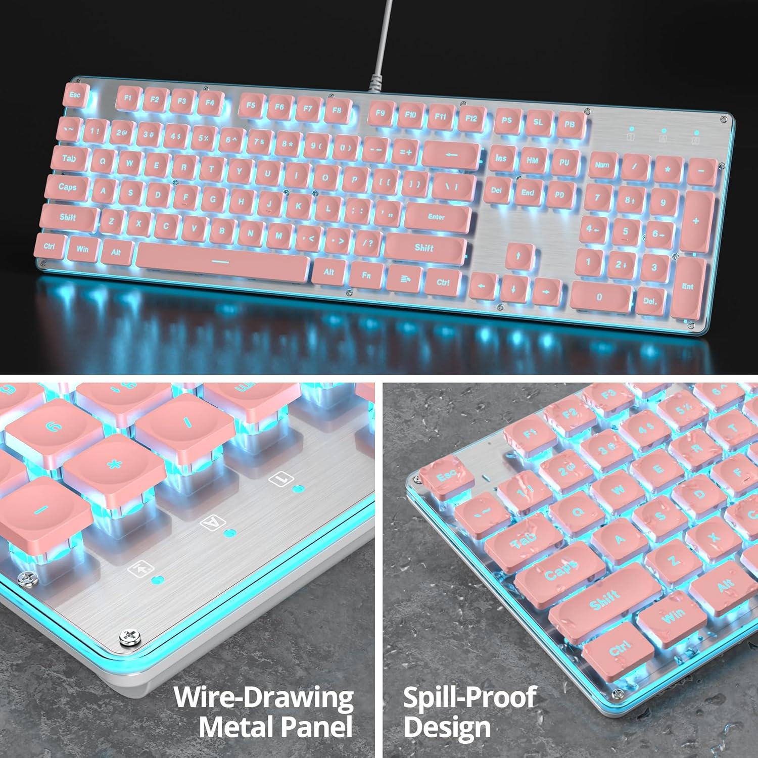 Teclado Owpkeenthy Rosa Iluminado Silencioso 104 Teclas