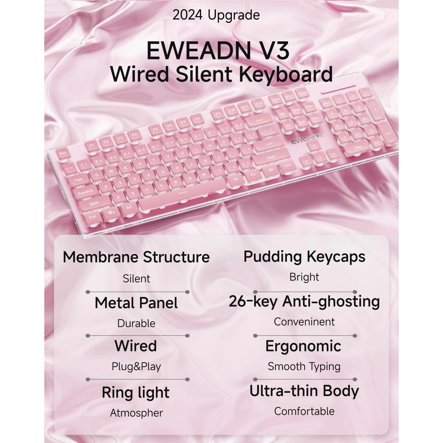 Teclado Retroiluminado EWEADN GX710S USB Rosa con Teclas Silenciosas