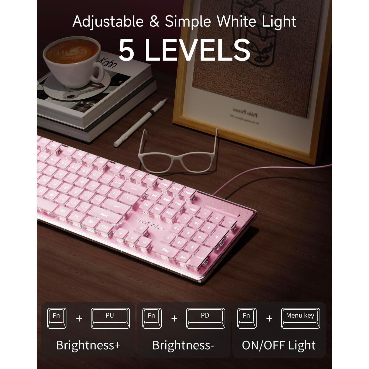 Teclado Retroiluminado EWEADN GX710S USB Rosa con Teclas Silenciosas