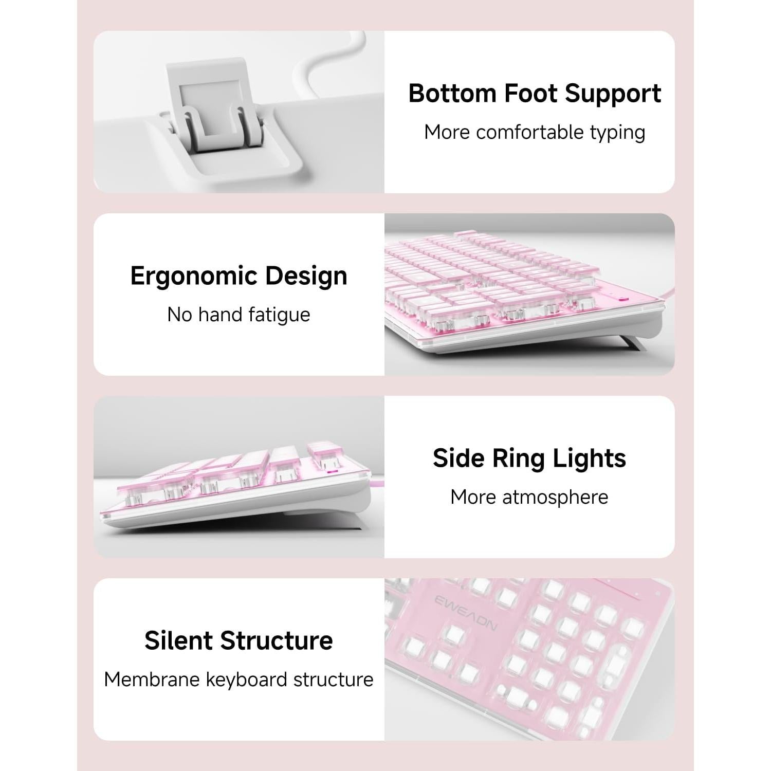 Teclado Retroiluminado EWEADN GX710S USB Rosa con Teclas Silenciosas