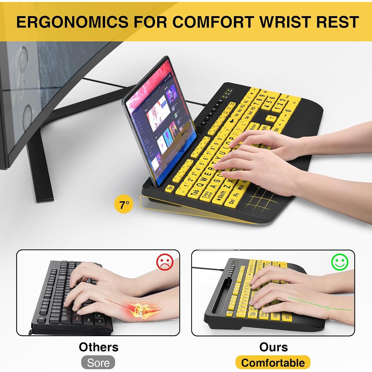 Teclado Ergonómico SABLUTE Amarillo con Reposamuñecas y Soporte