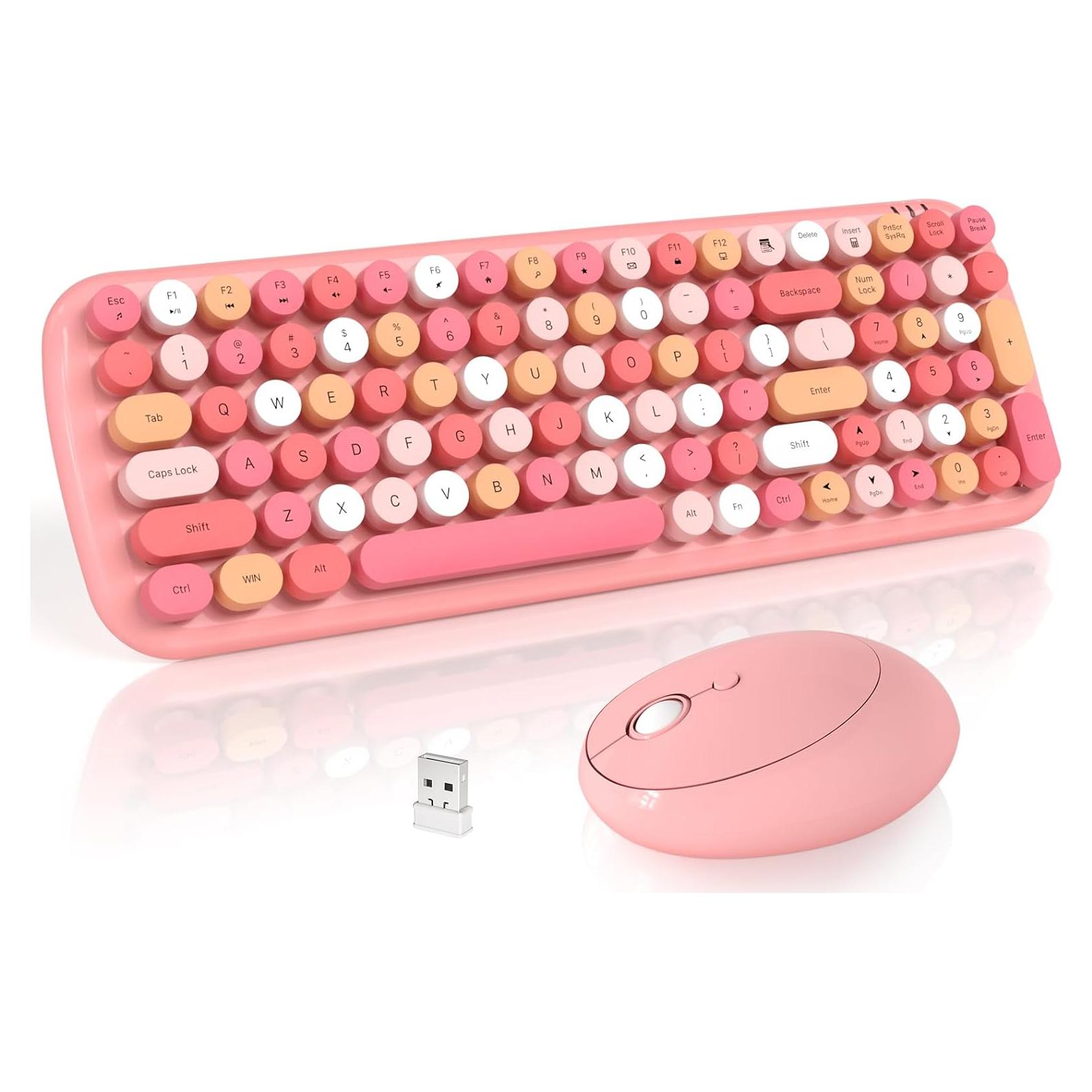 Combo Teclado y Ratón Inalámbricos Retro SQMD Rosa