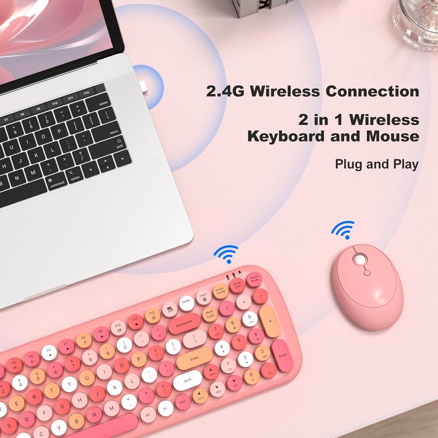 Combo Teclado y Ratón Inalámbricos Retro SQMD Rosa