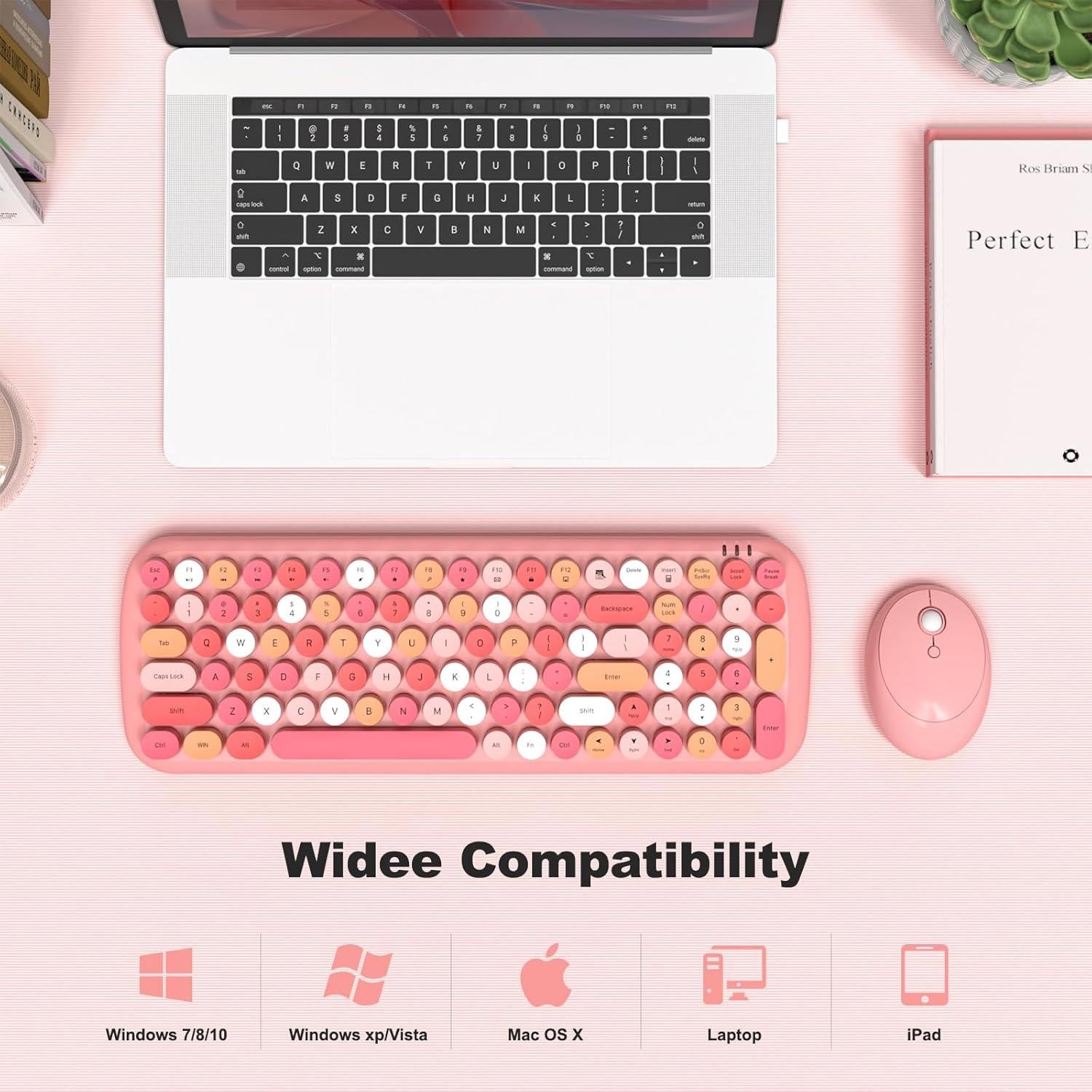 Combo Teclado y Ratón Inalámbricos Retro SQMD Rosa