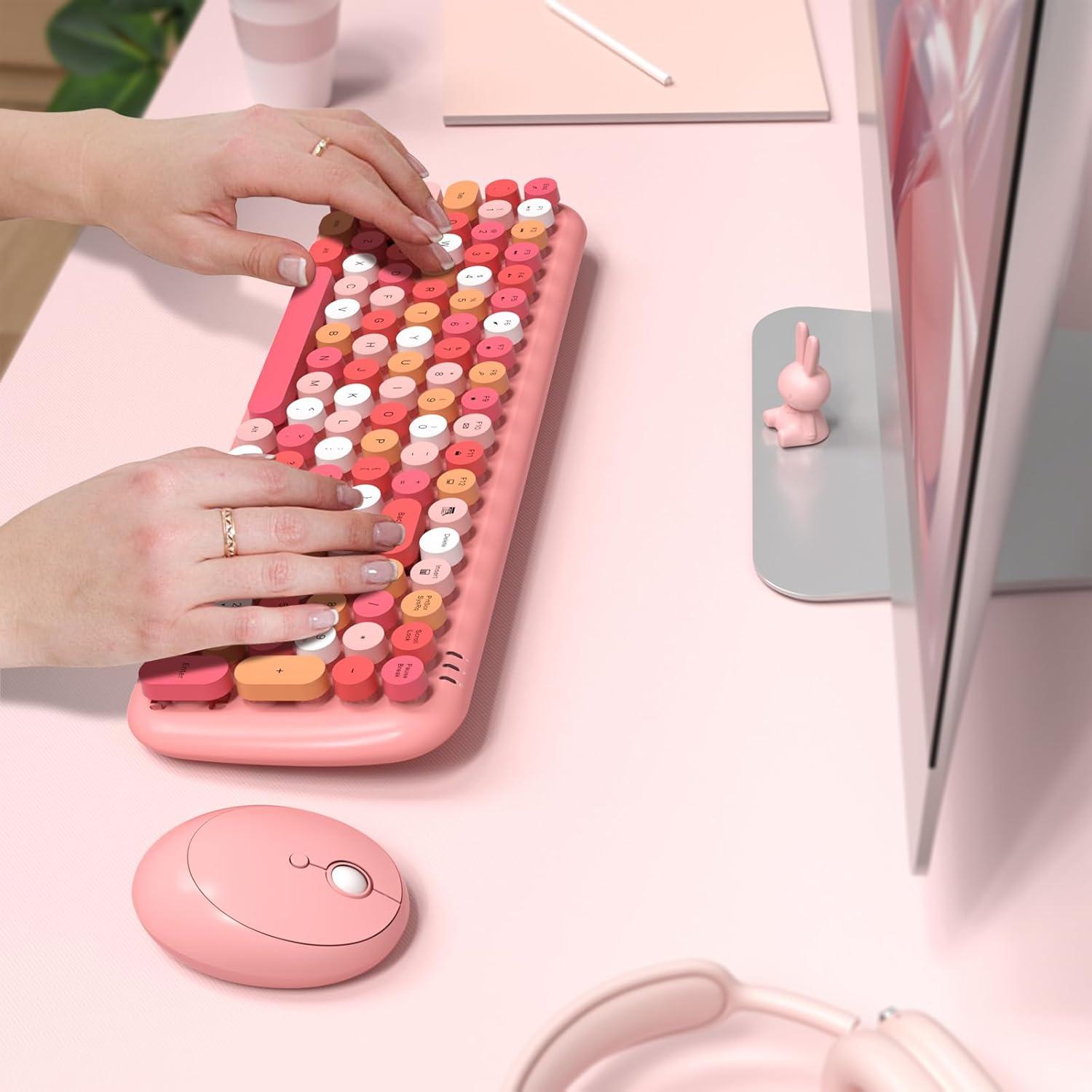 Combo Teclado y Ratón Inalámbricos Retro SQMD Rosa