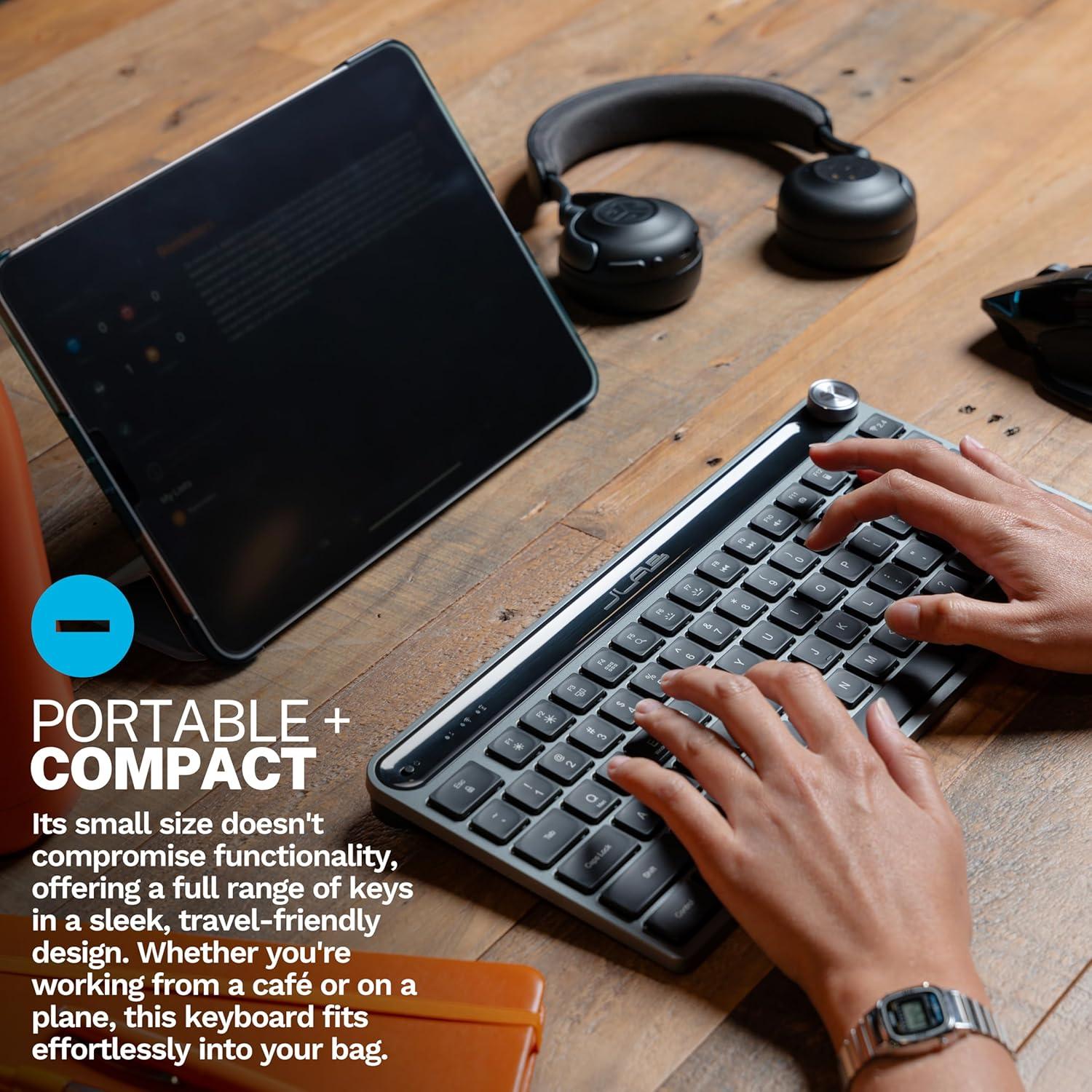 JLab Epic Mini Wireless Keyboard, Black, 108 Keys, Connect Via Bluetooth or USB Wireless Dongle, Multi-Device Toggle, Soft Touch Keys, Smart Media Knob, Custom User Profiles, Rechargeable (1 Pack)