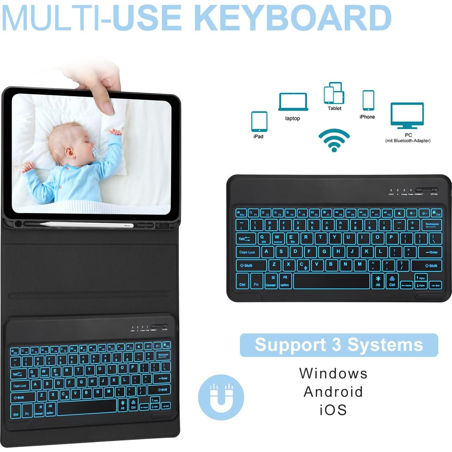 Keyboard Case for iPad Pro 12.9 inch 6th/5th/4th/3rd Gen & iPad Air 13 inch (M3 2025/M2 2024), 7 Color Backlit & Magnetic Detachable Wireless Keyboard, Flip Cover with Pencil Holder, Auto Sleep/Wake