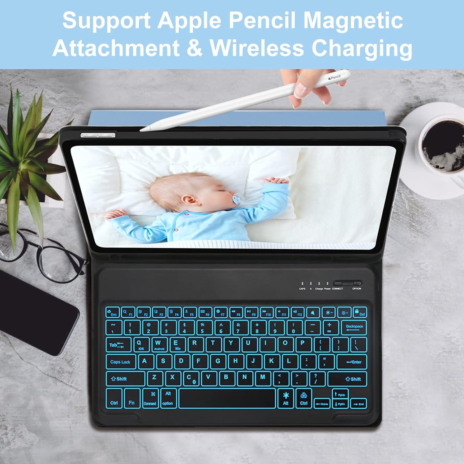 Keyboard Case for iPad Pro 12.9 inch 6th/5th/4th/3rd Gen & iPad Air 13 inch (M3 2025/M2 2024), 7 Color Backlit & Magnetic Detachable Wireless Keyboard, Flip Cover with Pencil Holder, Auto Sleep/Wake